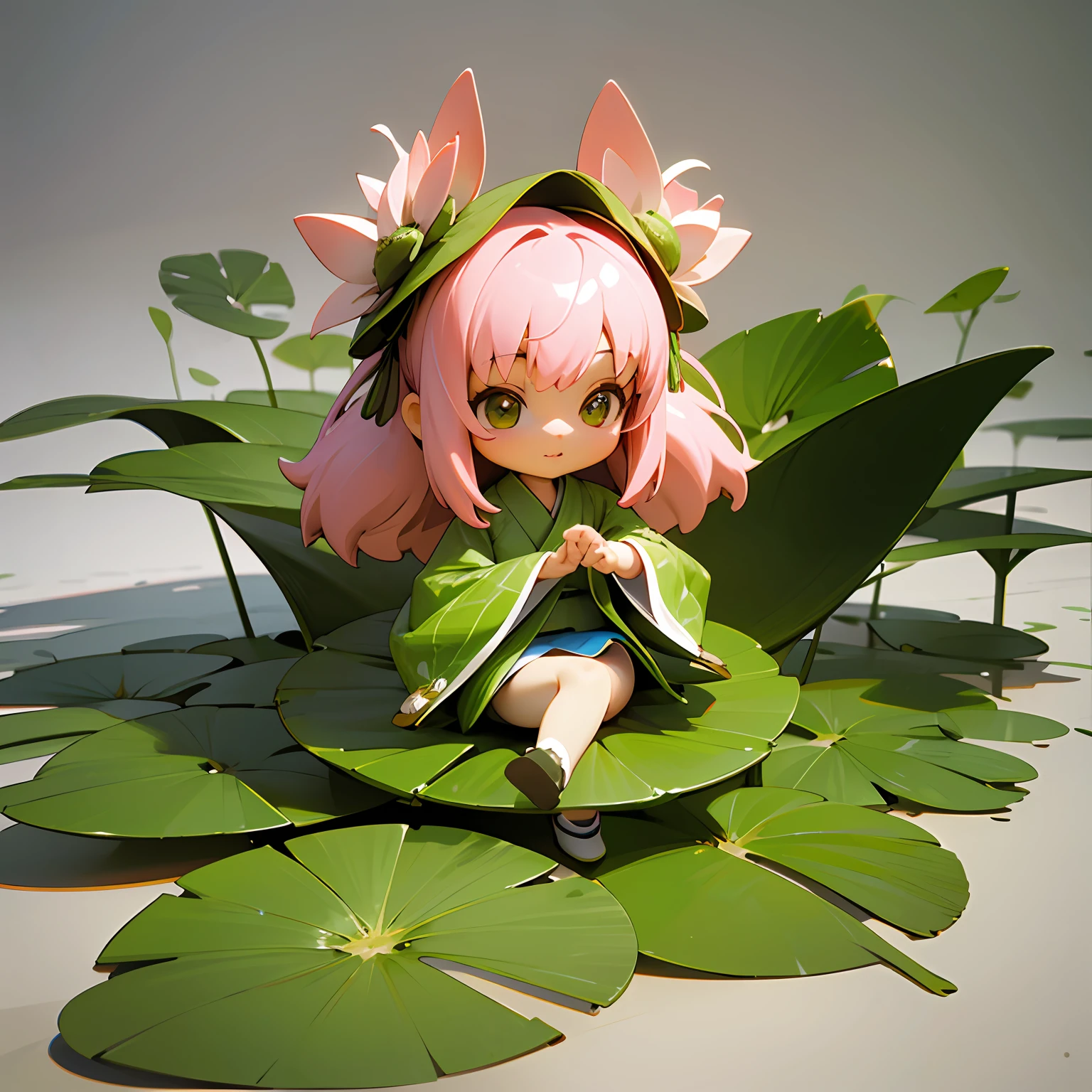 （Wearing lotus flowers），（Sit in a lotus leaf），pink hair，Lovely 3D rendering，cute detailed digital art，adorable digital art，Cute cartoon character，cute digital painting，Cutes！C4D，cute character，Vogue Japan 3D，（white backdrop），Ultra detailded，Thanks to Zhiding，3D model of a Japanese mascot，Nendoroid 3D，cute forest creature