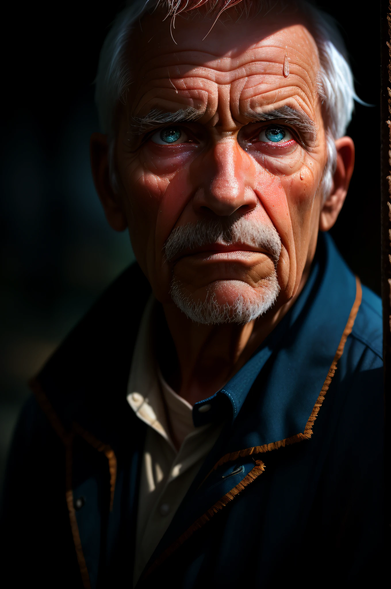(sharp focus:1.2), an award winning photo of an old man peasant, water droplets, thunderstorm outside, lightning back lighting, , lines on face, wrinkles, extremely detailed skin, sadness, hopelessness ,cloudy eyes, (deep shadows:1.1), high contrast, beautiful eyes, absurdres, 8k, (high quality:1.3), , artstation hd, concept art, detailed face and body, award-winning photography, (moody lighting:1.2), depth of field, bokeh, 4K, HDR