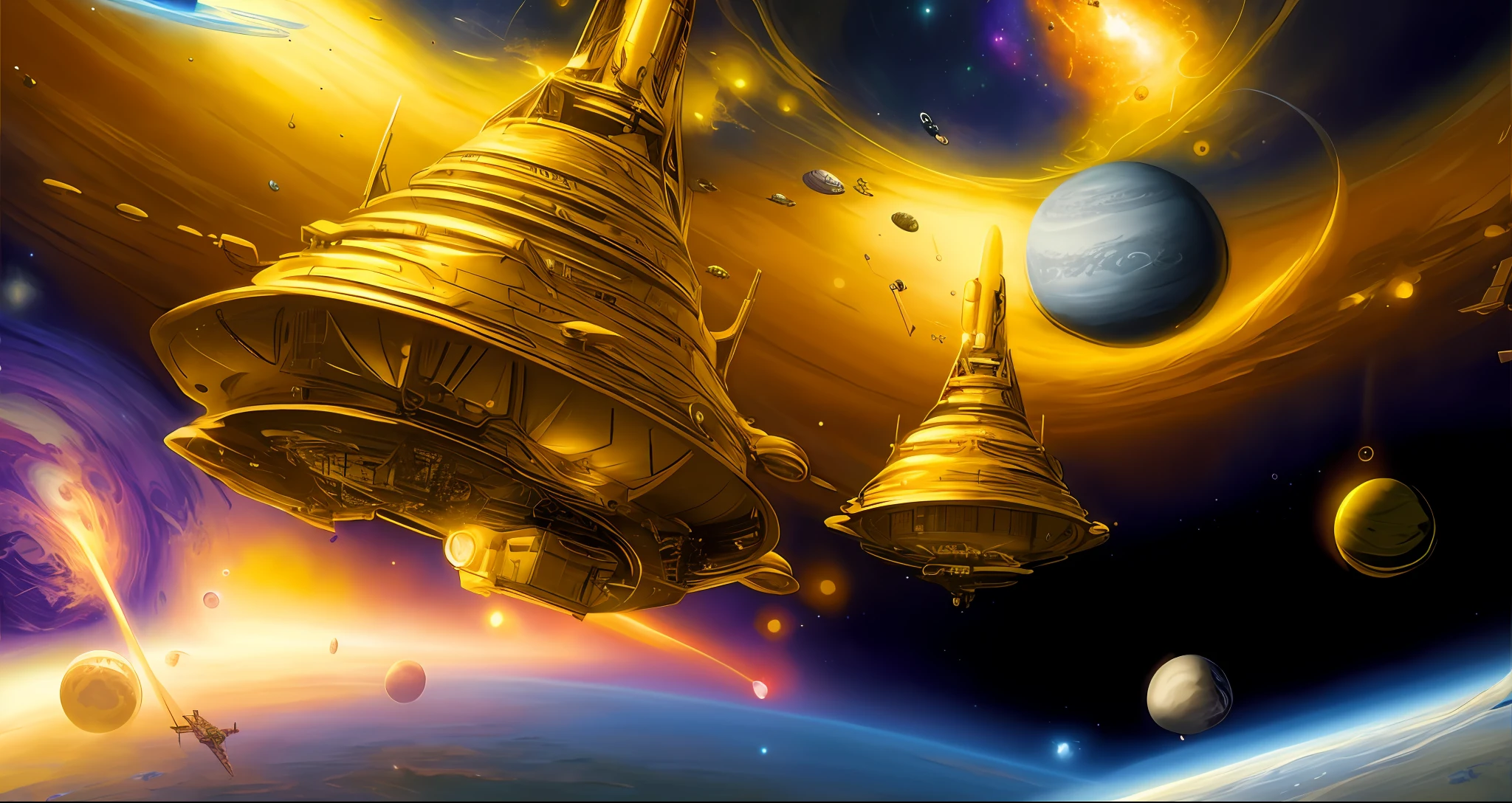 golden and gold spaceships with lots of colorful lights flying and battling for a space full of planets and stars, Arte da Biblioteca Espacial Borne, pintura de nave espacial ornamentada em ouro com diversas luzes coloridas, alien space ships, Paul Lehr e Beeple, Space and fantasy science fiction wallpaper, arte conceitual No Man Sky, Greg Beeple, inspirado em Paul Lehr, epic scifi fantasy art, Sci-Fi Steampunk colorido, Paleta de cores: tons de amarelo dourado nas naves, and shades of blue and cosmic in space, outer space, Cosmos, cosmico, 8k, 4k,