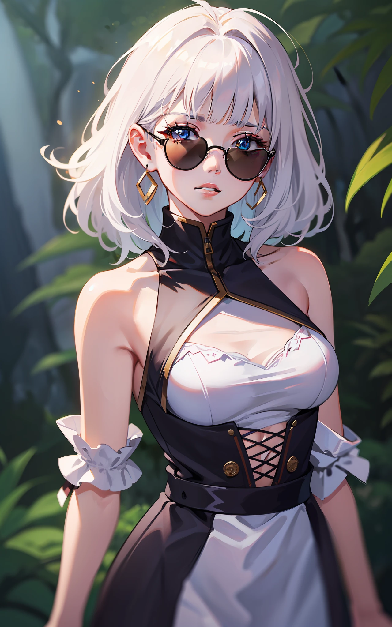 masterpiece, best quality, solo, (upper body:1.1), medium breasts, 1girl, solo, (ruffling hair, messy hair:1.1), medium hair, white hair, best quality, ultra detailed, 1girl, solo, medium hair, blunt bangs, does not look at the viewer, round sunglasses, beautiful skin, dramatic lighting, high quality, perfectionism, bright skin, whole body, both eyes covered, ((perfect hand: 1.2)),  earrings, cute lips, cute face, sexy, posing, cute nose, standing, forest background at night
