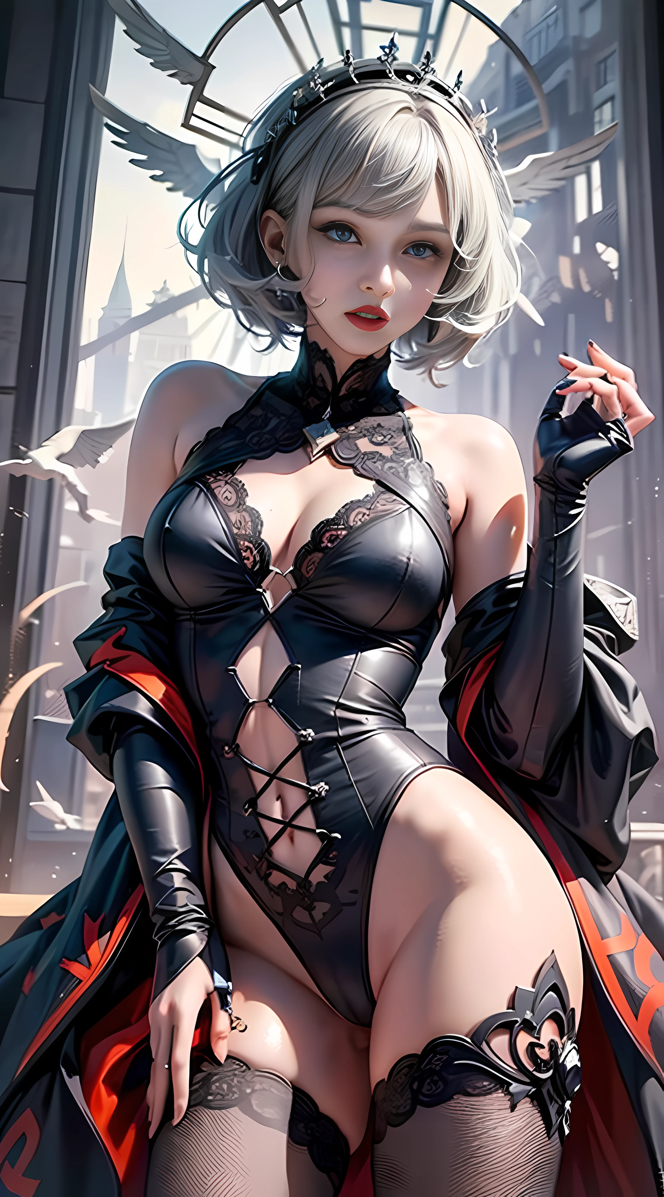 ultra high-detail，Anime girl posing for photo with short black and gray hair and blue eyes，Detailed digital anime art，Sexy high cold，Enchanting，The head proportions are perfect，lace-pajamas，Flaming red lips，Swan neck，sun is shining