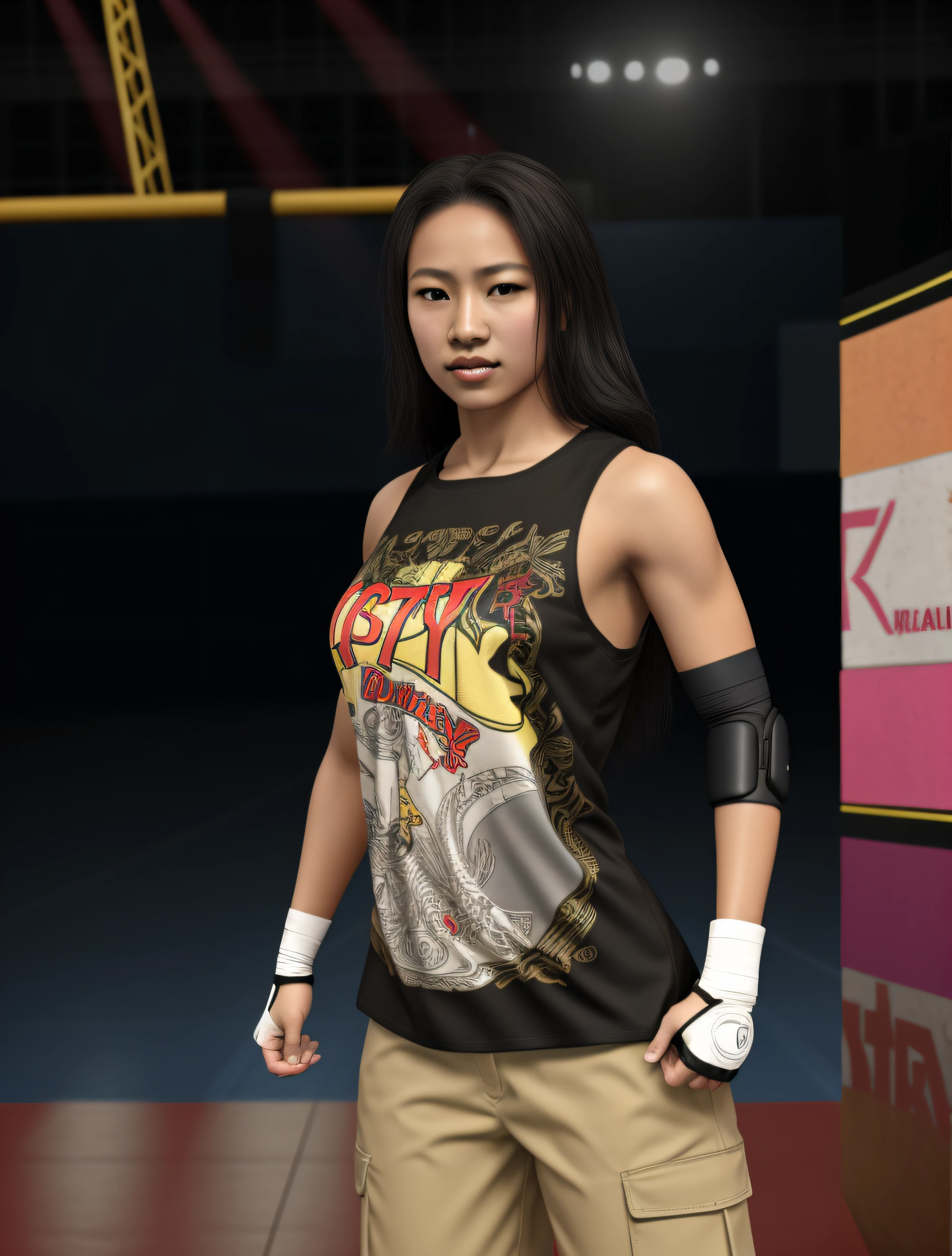 Blasian female wrestler, in black yellow red and grey shirt with a band logo, black elbow pad on the left arm, white hand-wraps, brown cargo pants, photo realistic, intricate details