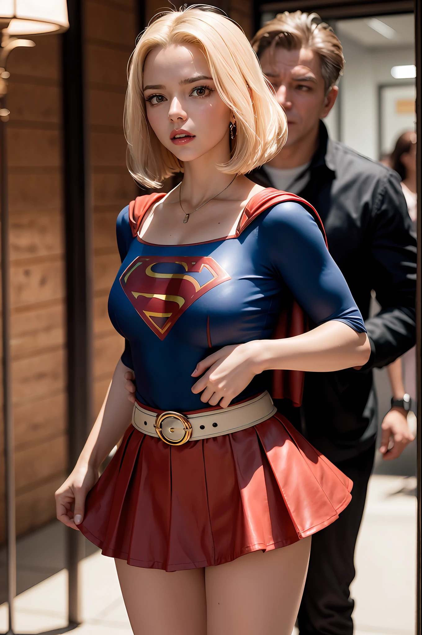 Trem lotado, supergirl loira sexy, handsome man holding her from behind and talking in her ear, Elevation-a, mini red skirt swinging up, 40k, fotografia, obra-prima da Supergirl, melhor qualidade, fundo cinza escuro, (1supergirl olhos bem azuis e cabelos loiros logo enrolados com pernas abertas), seios grandes perna totalmente aberta, (round swinging sexy miniskirt: 1.3), (camisa branca aberta: 1.3), Older man leaning against her from behind picking her up, Poses variadas. Wearing super heroine costume. A handsome man holding her from behind.