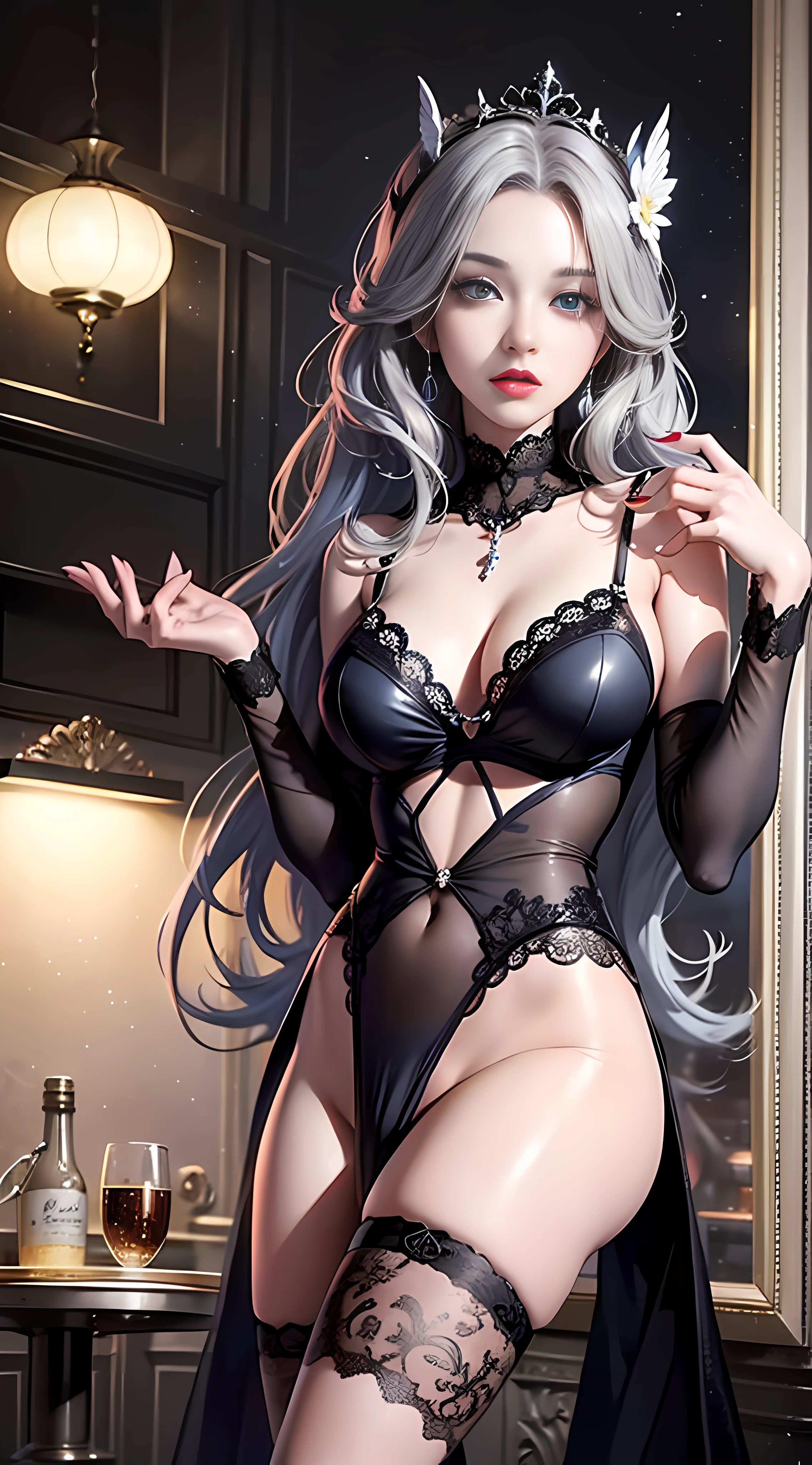 ultra high-detail，Anime girl posing for photo with short black and gray hair and blue eyes，Detailed digital anime art，Sexy high cold，Enchanting，The head proportions are perfect，lace-pajamas，Flaming red lips，Swan neck，sun is shining