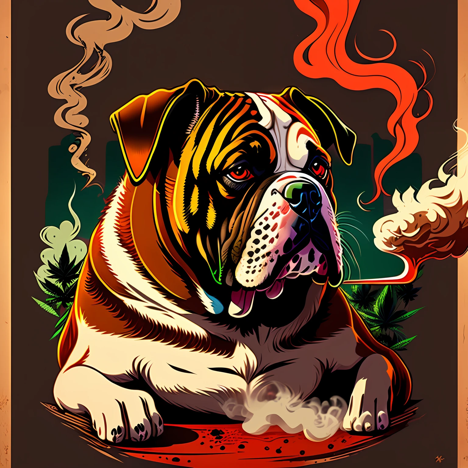 (Masterpiece), Best Quality, Ultra-detailed, Funky dog illustration, (1dog), smoking a fat cigar, (1bulldog), chilling and relaxed, (Red eyes:1.2+bloodshot eyes), Smoky atmosphere, drunk mood, drug use, (embedding of marijuana:1.2), --auto