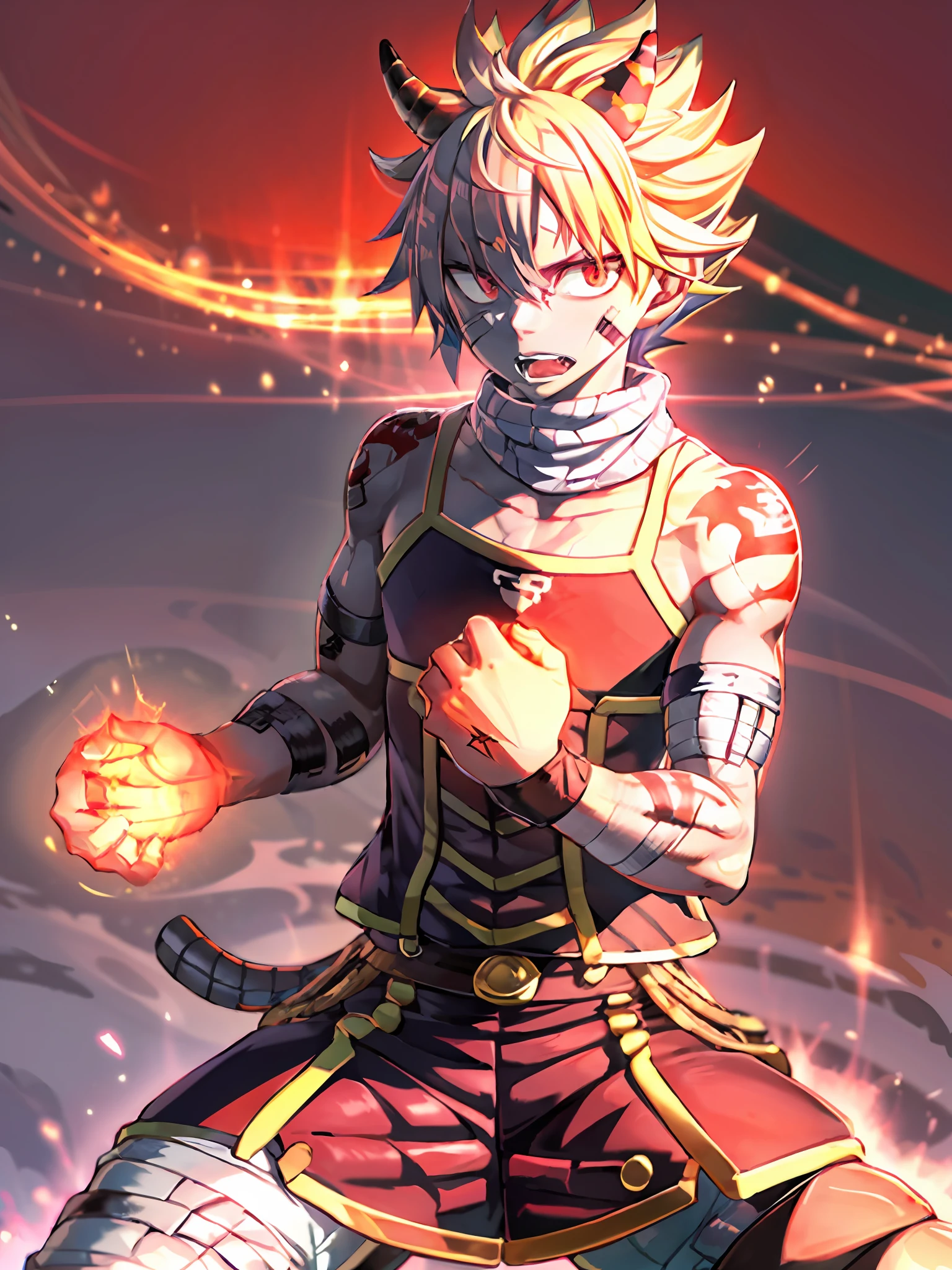 One by one, one boy，Pale yellow hair，Students have short hair on their heads，shonen，Red eyes，There are small tiger teeth at the corners of the mouth，Red and white sportswear，Red shorts，There are bandages on the hands，Little red devil horn，