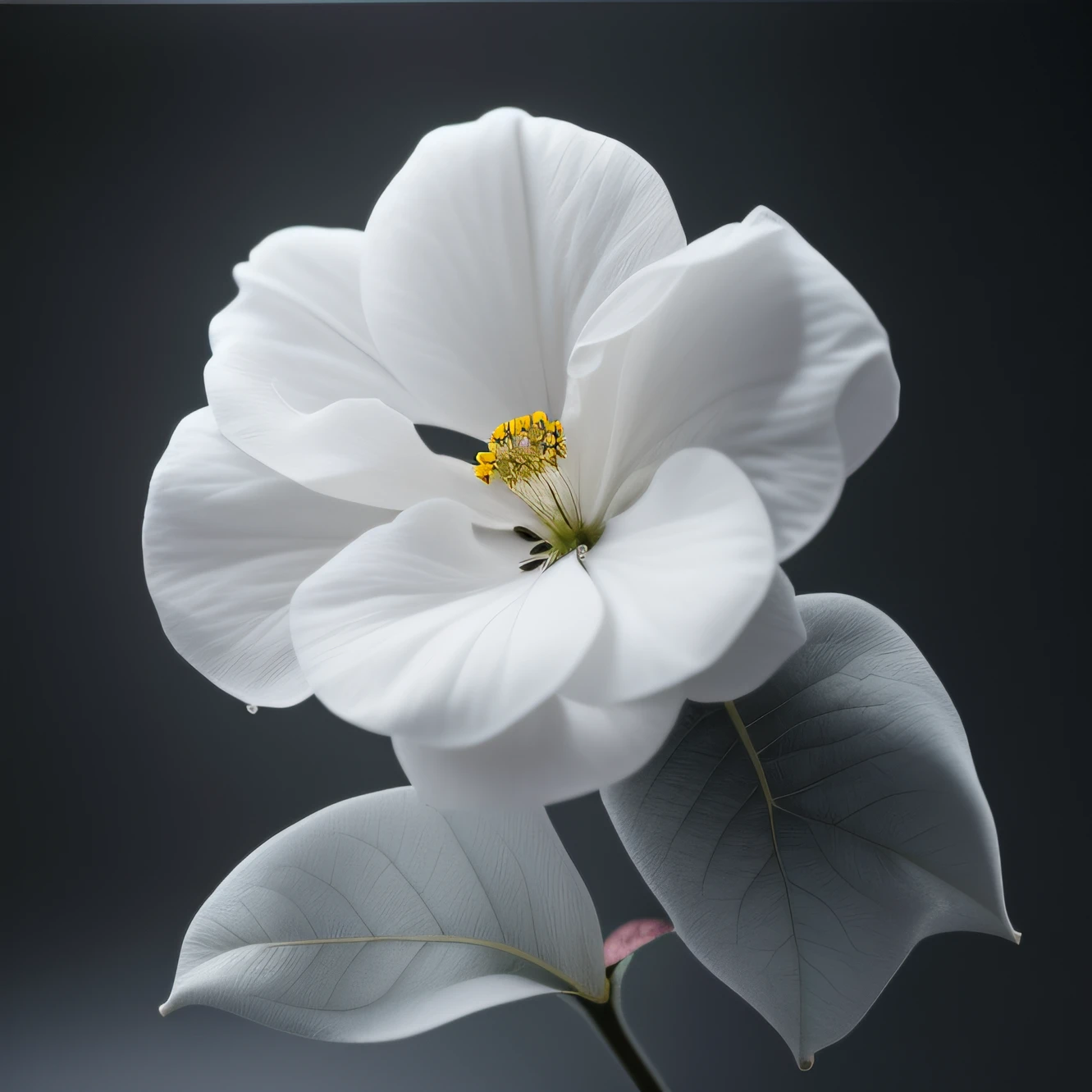 there is a white flower with a yellow center on a black background, flor branca, white petal, fotografia altamente realista, branco detalhado, fotografia altamente realista, flor bonita, representando uma flor, Directed by: Ikuo Hirayama, flor, flor delicada brilhante, Close portrait, fotorrealista altamente detalhado, botanical photo, brilho branco suave, foto altamente realista, veios brilhantes de branco
