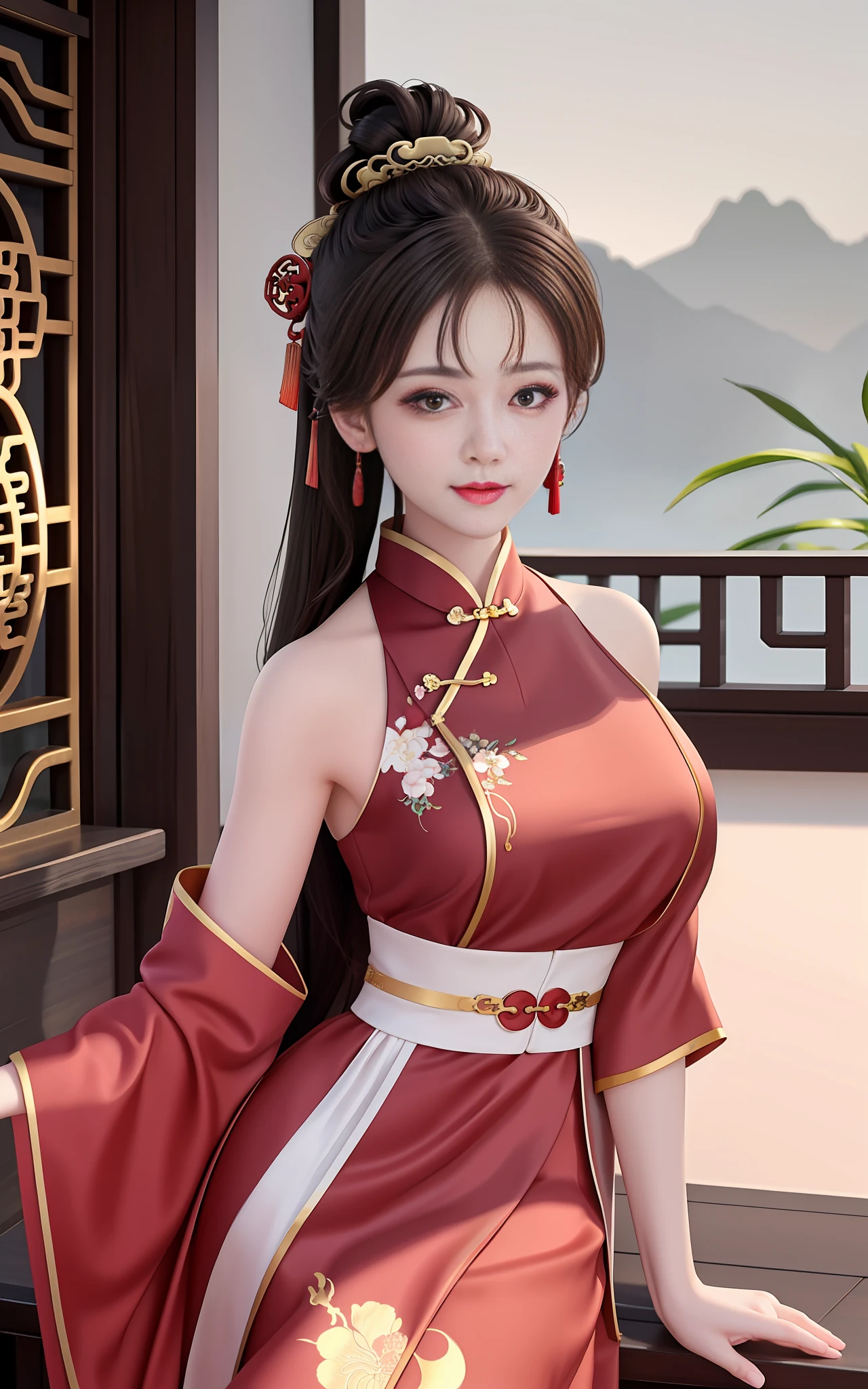 need,杰作,high - resolution,1girls,Blushlush,(Seductive smile:0.8),starpupil,Chinese shoulder suction red Hanfu,hair ornament,gargantilha,trinkets,pefect face,On_Body,Tindal effect,Lifelike,Shadow room,Light edges,Two-tone lighting,(High Detail Skins:1.2),8K UHD,Slr,softlighting,high - quality,Volumetriclighting,Candid camera,photograph of a,high - resolution,4K,8K,Antique bust photo in the background: A girl about 22 years old,Perfect composition,Precise and perfect human anatomy,Golden ratio creation,Surreal and realistic。Detailed skin details,fair white skin,with shiny skin,Creamy glowing skin,Skin that is white and red。Exquisite depiction of facial features,Perfect makeup,Detailed depiction of the face,Clean and flawless face。A sweet smile,Smile without showing your teeth。Extremely detailed depiction of hair,Long black hair,Hair coiled,Tying Up Hair,High bun,The wind blew away the hair。Eyebrows upturned,long eyelash,Double eyelid。Affectionate eyes,big bright eyes,Sweet with lying silkworms。High nose bridge。Thin lips,Pink lip gloss,Straight teeth。Exquisite clavicle。Delicate pendant,ear ring。Perfect tall figure,Get it all together,Long legs and thin waist,Skinny beauty,Can't be too thin。Straight chest,medium boobs。Keep your head up and your chest up,Look ahead,Face the lens,Stand。Ancient architectural background(((Chinese style new Chinese ink floral red dress))),half body photo