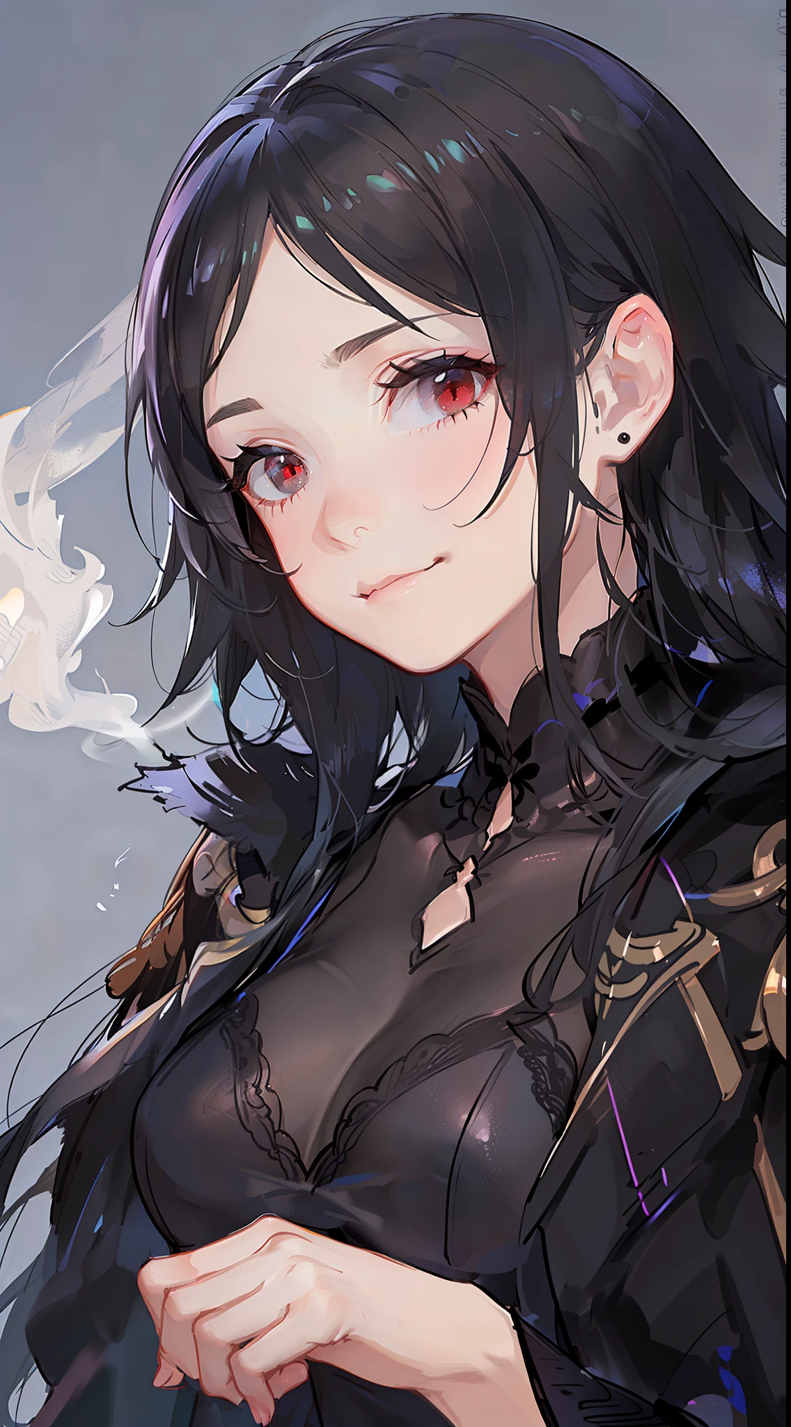 Adult gray woman, long black hair, red eyes, gray skin, Rich black dress, smirk, Smoke, The Masterpiece, hig quality