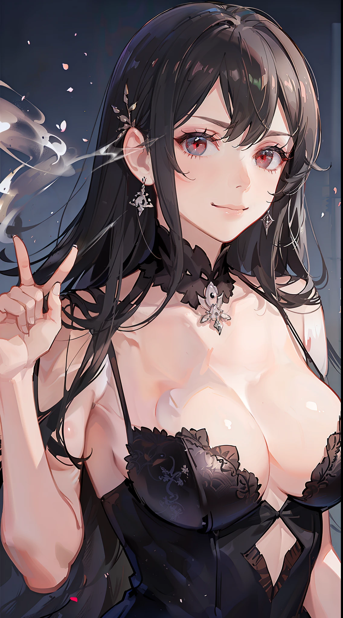 Adult gray woman, long black hair, red eyes, gray skin, Rich black dress, smirk, Smoke, The Masterpiece, hig quality