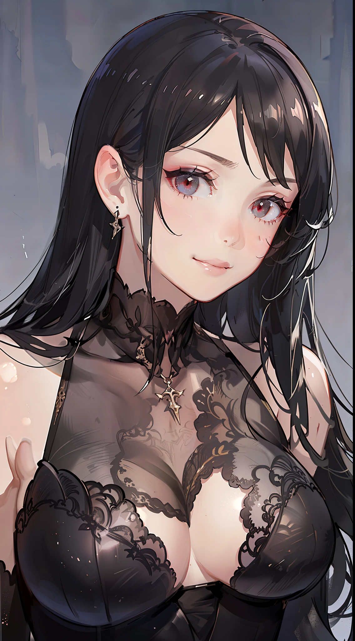 Adult gray woman, long black hair, red eyes, gray skin, Rich black dress, smirk, Smoke, The Masterpiece, hig quality