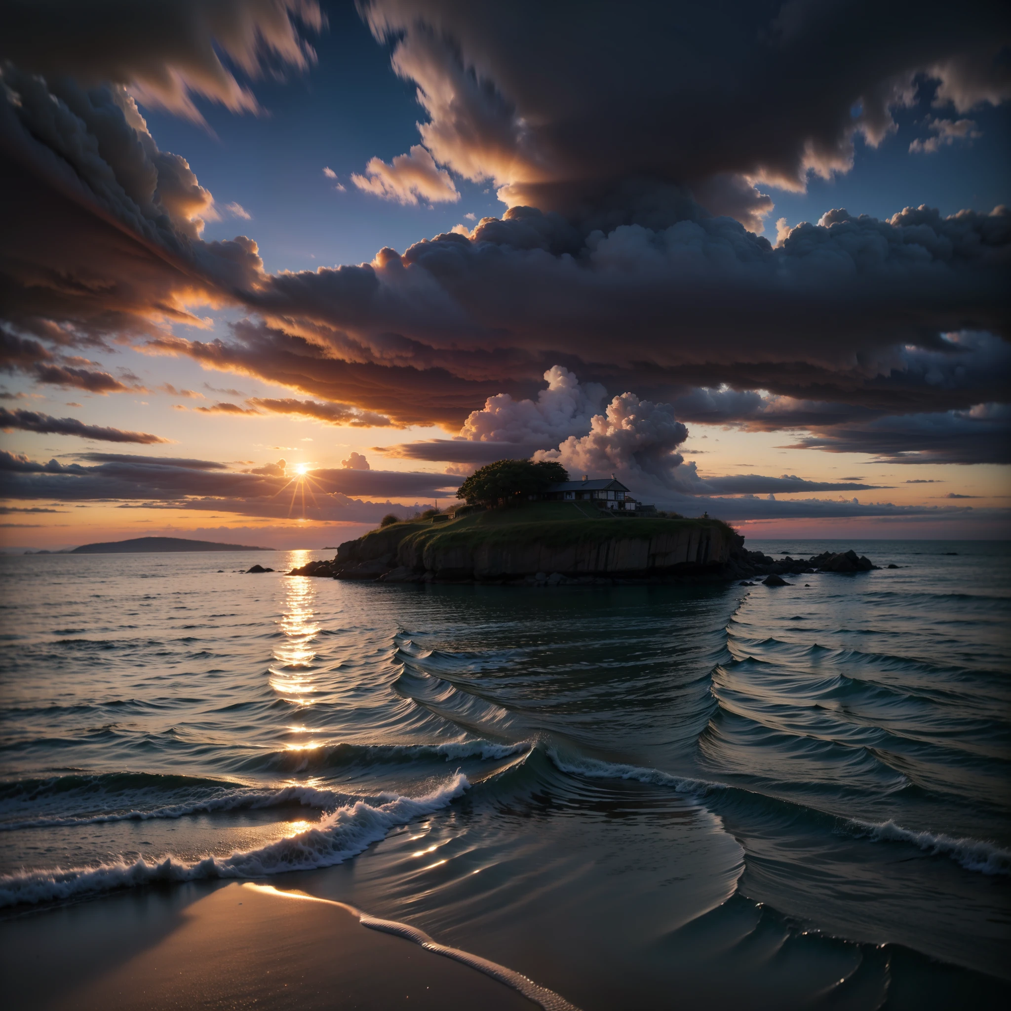 coastline、islet、sunset、dramatic cloud、Realstic、contrast、wide-angle lens