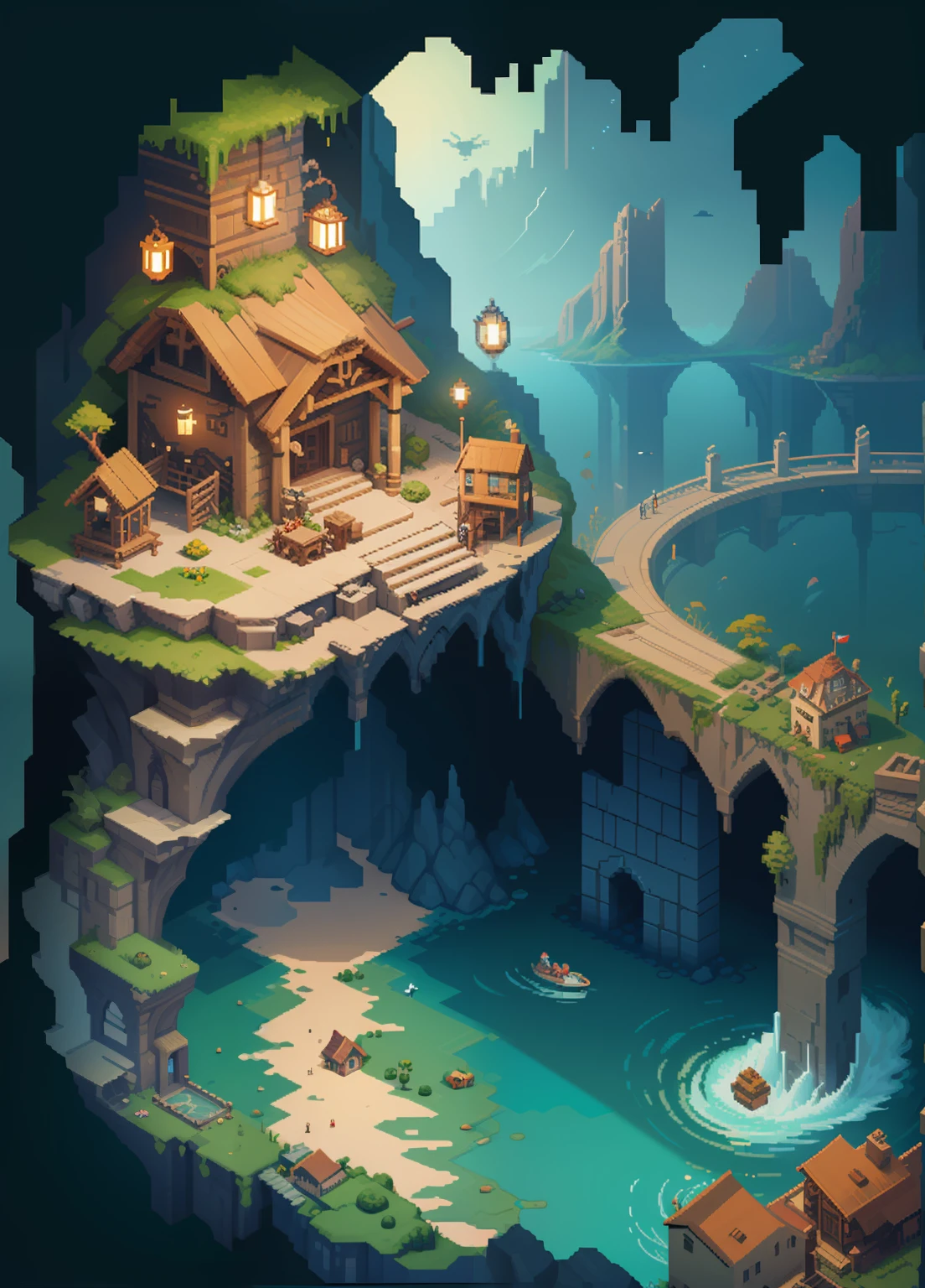 (Isometric dungeon in ultra-detailed pixel art, melhor qualidade), Crie uma torre de vigilia grande, Highlight lighting, mapas detalhados, monstros da praia, Ostras gigantes, uma baleia nadando no oceano, profundidade de campo, volumetric shadows, pixels deixe ele mais PIXEL ART sem tanto bilho --auto
