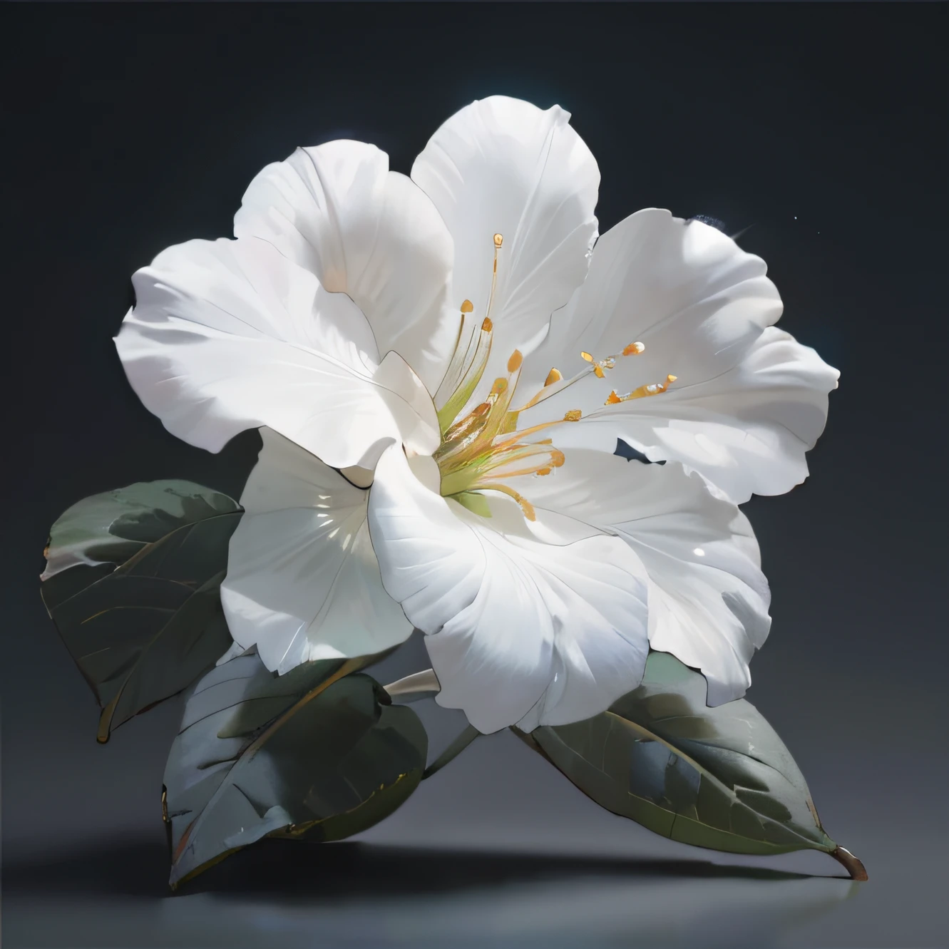 there is a white flower with green leaves on a dark background, flor branca, flor, photorealistic illustration, flor bonita, large exotic flowers, lily flower, fotografia altamente realista, Close portrait, imagem detalhada fotorrealista, hyper realistic detailed render, photorealistic print of exotic, em um fundo cinza, fotorrealista altamente detalhado, por jeonseok lee, fotorrealista altamente detalhado