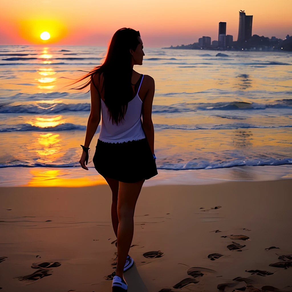 uma linda mulher negra caminhando na praia Rio de Janeiro, por do sol, heaven pink, luz no cabelo (8k, obra prima, melhor qualidade)