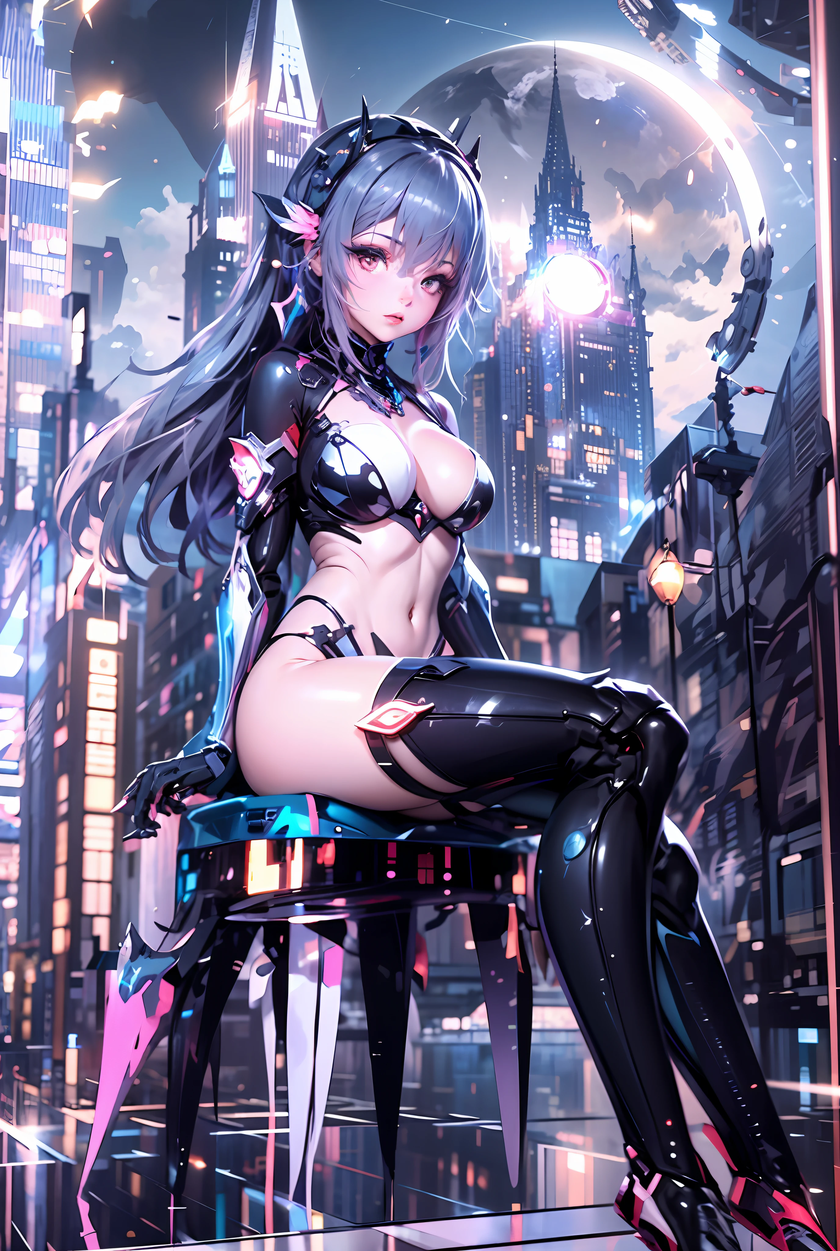 masterpiece, Best quality, 1girls,Moon,Starry,Sitting, Light particles, Mecha，mechamusume，red color，black pubic hair，Pink sky castle，Above the clouds，Magnificent，royal palace，Machine castle，Mechanically，Engine style，steam punk，futurism，The cyberpunk,masterpiece, Best quality, 1girls,Moon,Starry,Sitting, Light particles, Mecha