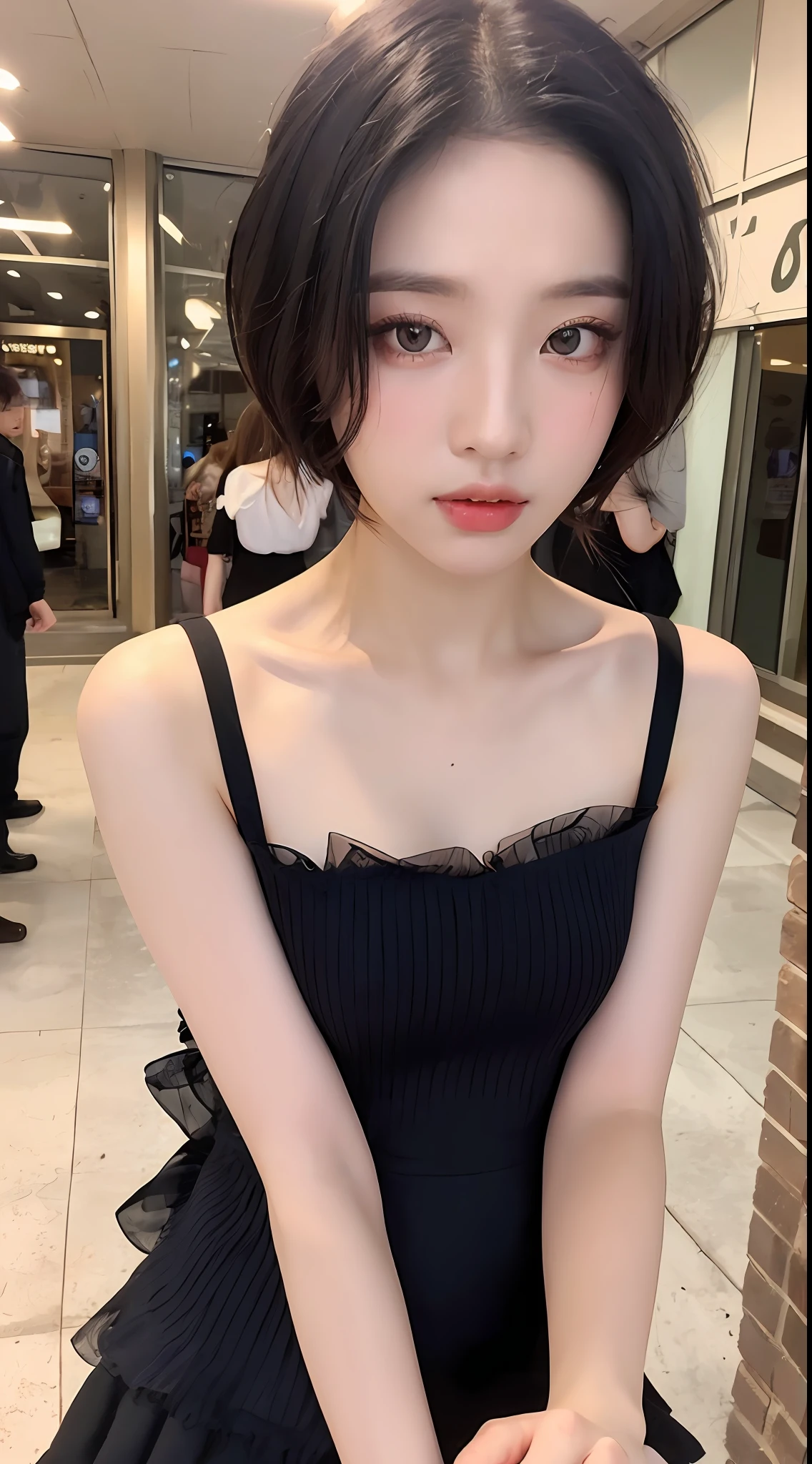 ((Best quality, 8K, Masterpiece :1.3)), Sharp focus :1.2, perfect figure beautiful woman:1.4, ((Short hair in layers，:1.2)), (Lolita dress:1.1 ), (Streets:1.2), Highly detailed facial and skin texture, detailed eye, Double eyelid，