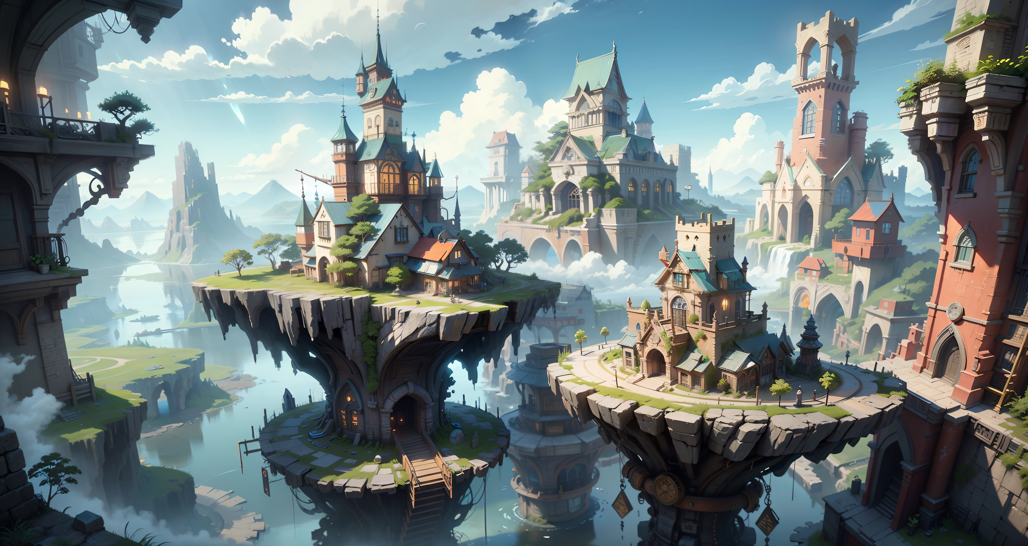 The Masterpiece,intricated detailed,ff14style,Japanese urban painting,scenecy,Broken archipelago,In the giant woods,a picture taken from a video game of a castle on a cliff, 4k highly detailed digital art, 8 k high detail concept art, fantasy matte painting,kawaii, Unreal Engine fantasy art, detailed fantasy digital art, mountain fortress city, Detailed 4K concept art, fantasy city background, detailed digital 2d fantasy art, 2. 5 D CGI anime fantasy artwork,(8K, OriginalPhotographs, Best quality, masterpiece:1.2), (Realistic, photo-realistic:1.37), octane rendered, ultra-highresolution, Ultra-detailed , Professional lighting, Photonic mapping, radiosity, Physically-based rendering, UE5, ((Island sanctuary)), ((ancient fallen kingdom)), ((reflection in water)), ((raytraced)), ((drowned city)), (Depth of field), landscape,Cyber City
