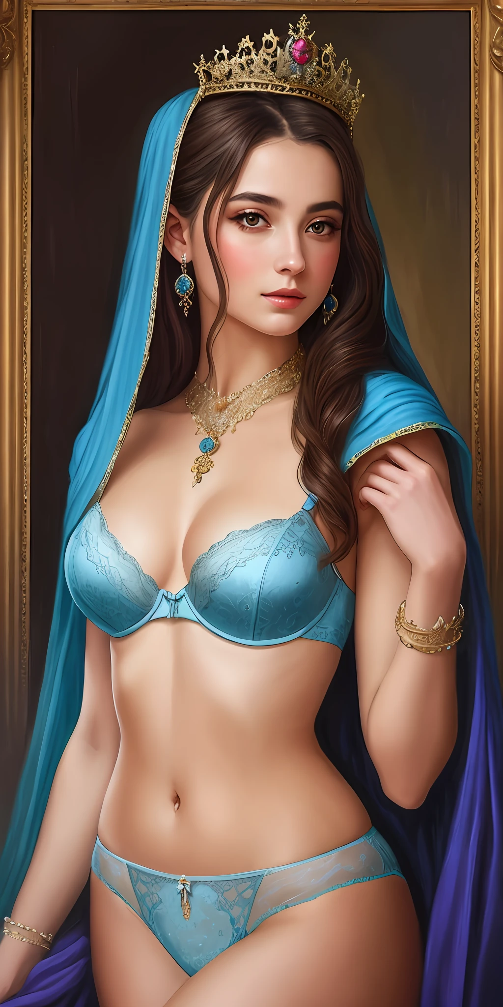 Una pintura de una mujer con una tia y un vestido azul, beautiful fantasy art portrait, hermosa pintura de personajes, hermosa doncella, hermoso cuerpo exuberante, Micro lingerie,beautiful fantasy portrait, hermoso cuerpo semi desnuda,in the art style of bowater, beautiful fantasy maiden, Hermoso retrato detallado, Retrato de princesa, Fantasy Art Portrait, Elegante pintura digital, Arte detallado de alta calidad 8K, Pintura de bello, Retrato de una princesa