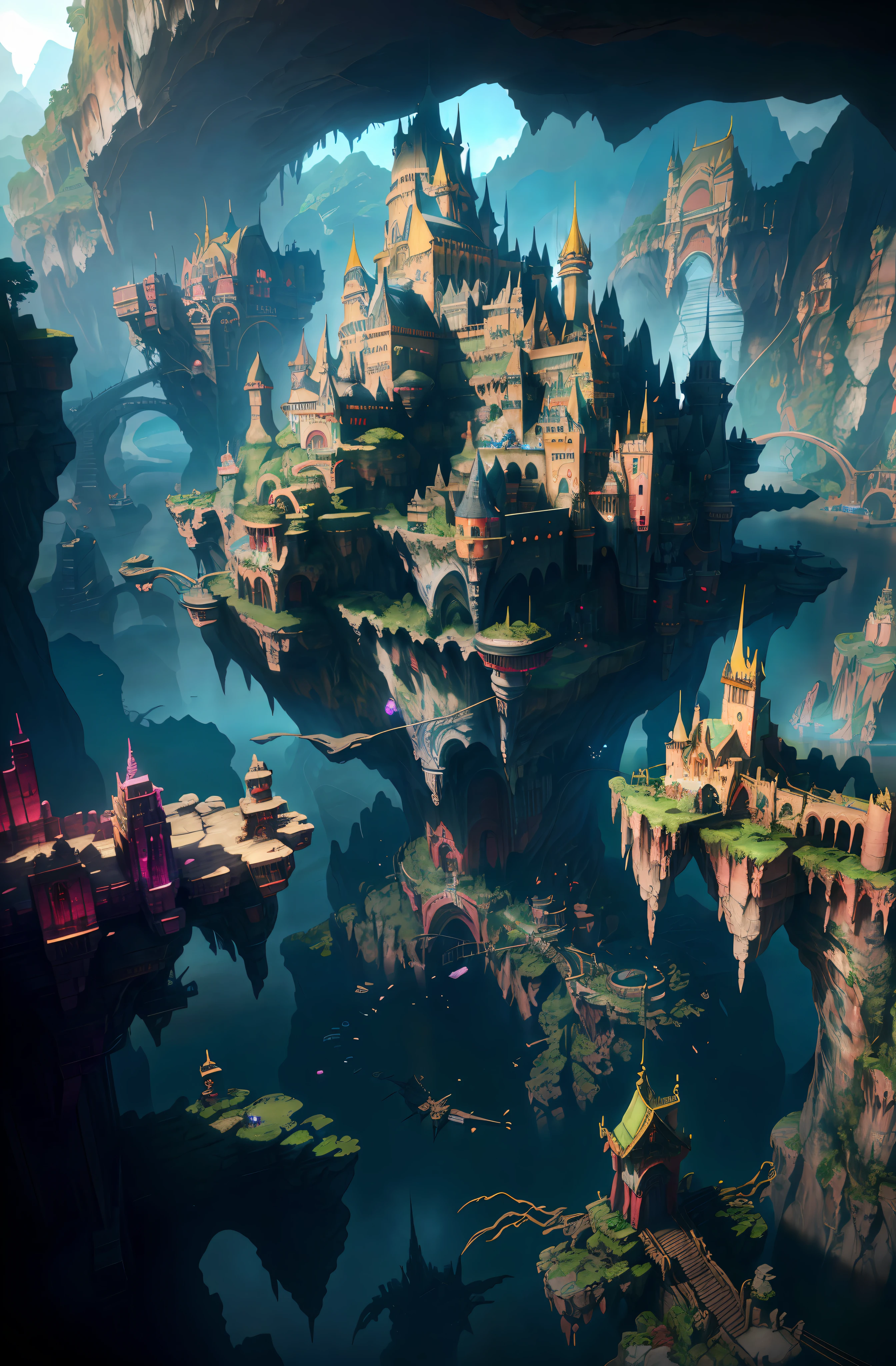 a picture taken from a video game of a castle on a cliff, 4k highly detailed digital art, 8 k high detail concept art, fantasy matte painting，kawaii, Unreal Engine fantasy art, detailed fantasy digital art, mountain fortress city, Detailed 4K concept art, fantasy city background, detailed digital 2d fantasy art, 2. 5 D CGI anime fantasy artwork，(8K, OriginalPhotographs, Best quality, masterpiece:1.2), (Realistic, photo-realistic:1.37), octane rendered, ultra-highresolution, Ultra-detailed , Professional lighting, Photonic mapping, radiosity, Physically-based rendering, UE5, ((Island sanctuary)), ((ancient fallen kingdom)), ((reflection in water)), ((raytraced)), ((drowned city)), (Depth of field), landscape,