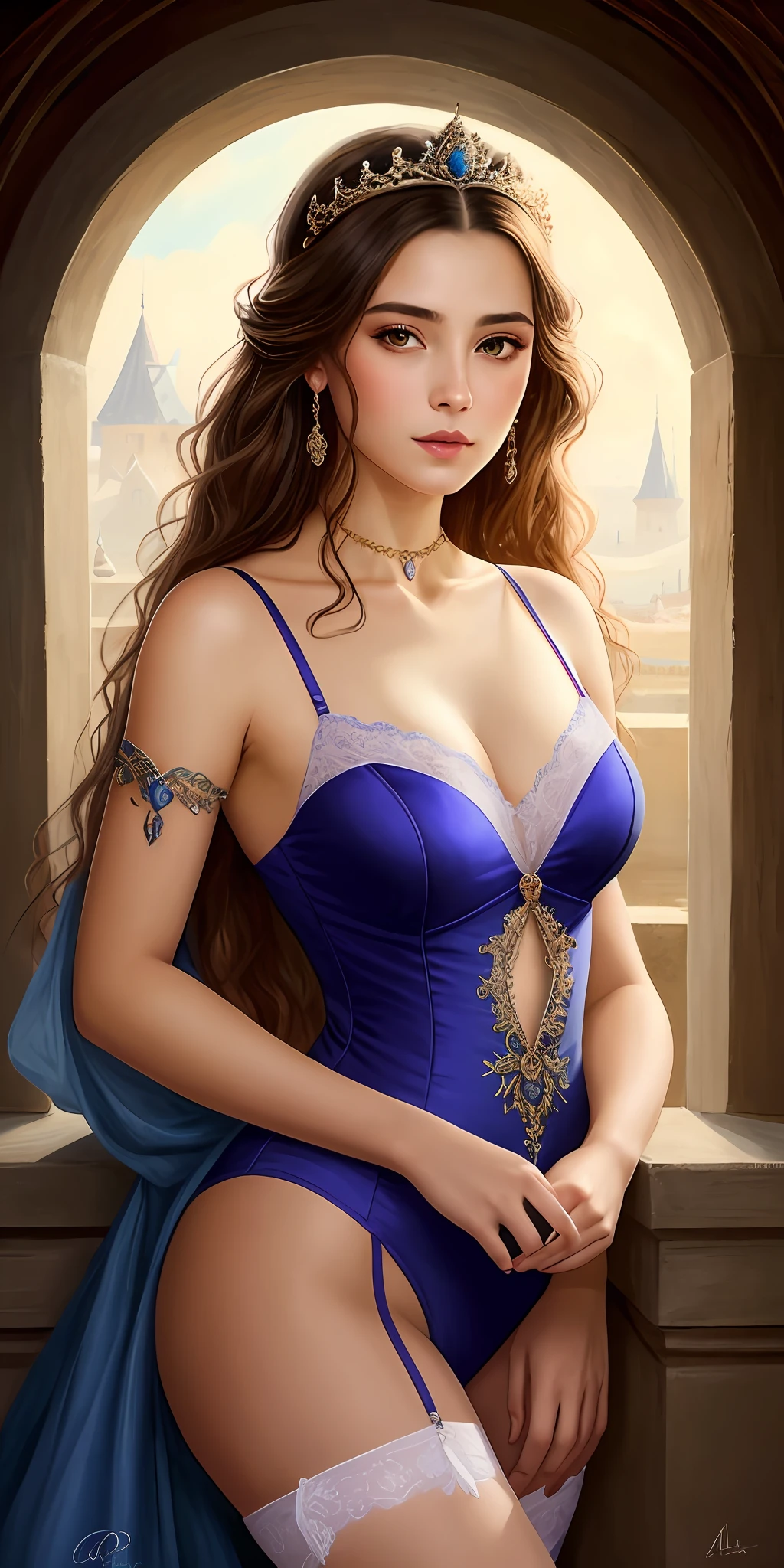 Una pintura de una mujer con una tia y un vestido azul, beautiful fantasy art portrait, hermosa pintura de personajes, hermosa doncella, hermoso cuerpo exuberante, Micro lingerie,beautiful fantasy portrait, hermoso cuerpo semi desnuda,in the art style of bowater, beautiful fantasy maiden, Hermoso retrato detallado, Retrato de princesa, Fantasy Art Portrait, Elegante pintura digital, Arte detallado de alta calidad 8K, Pintura de bello, Retrato de una princesa