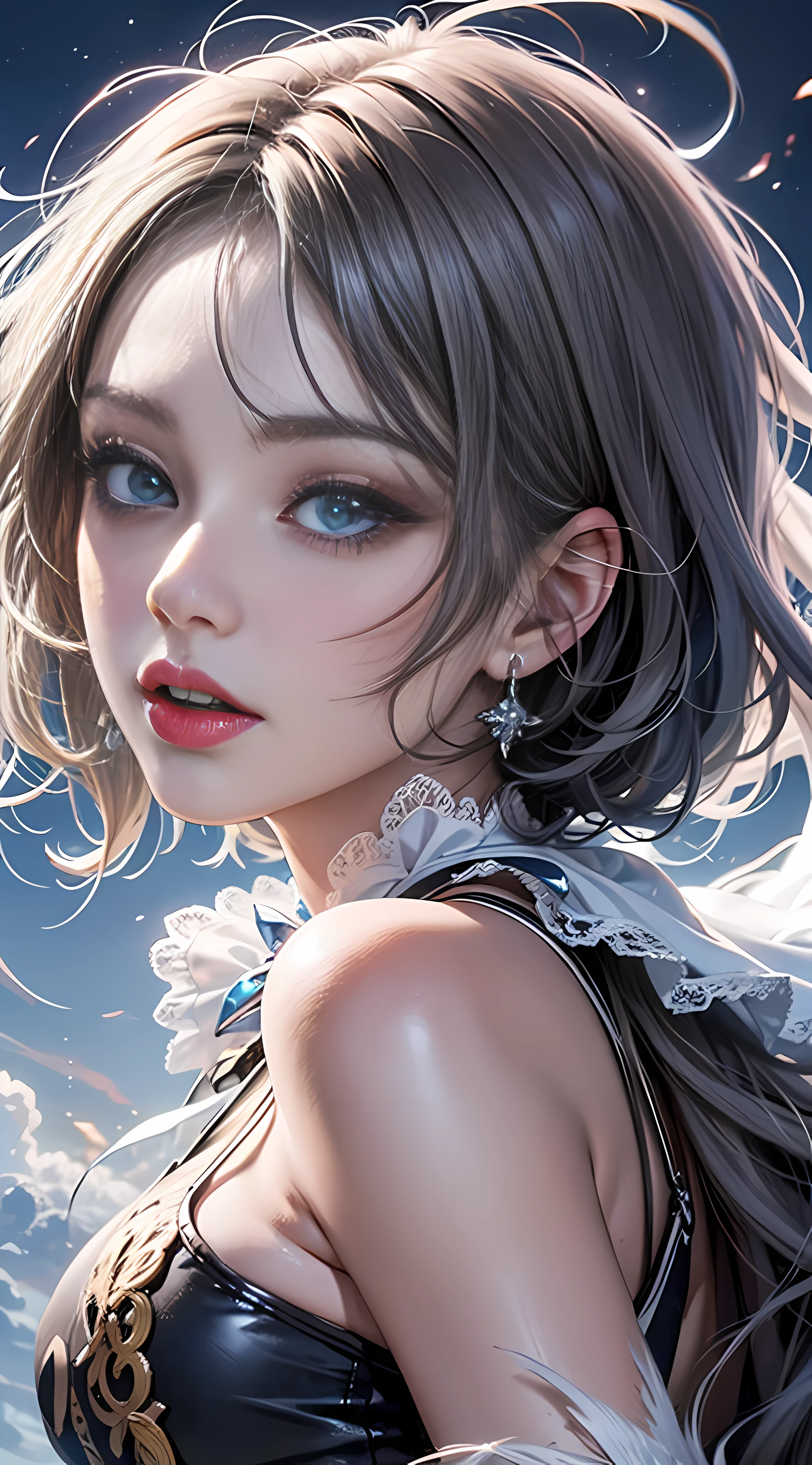 ultra high-detail,Anime girl posing for photo with short black and gray hair and blue eyes,Detailed digital anime art,Sexy high cold,Enchanting,The head proportions are perfect,lace-pajamas,Flaming red lips,Swan neck,sun is shining