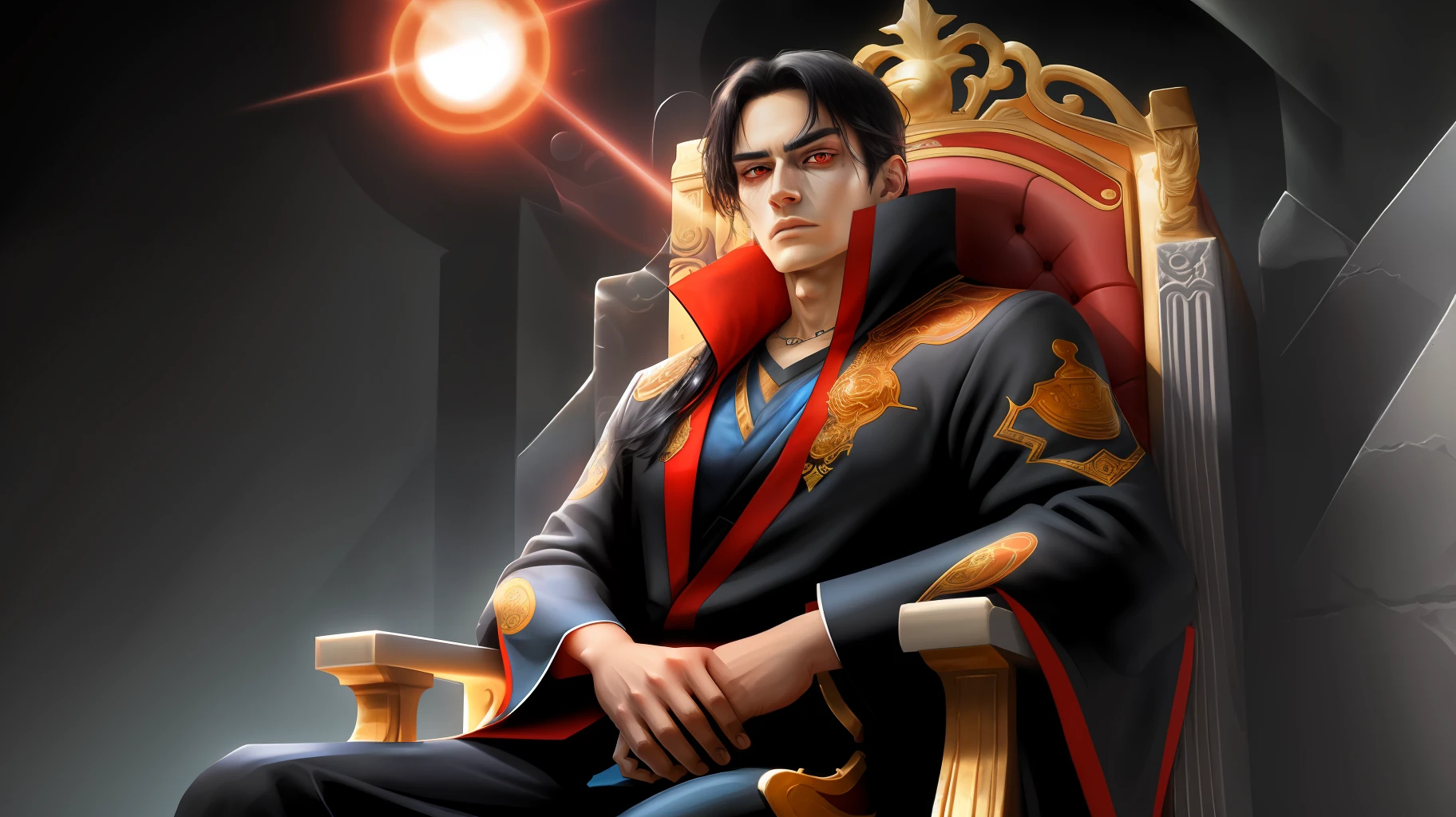 King sits on the throne, red eyes, handsomeface high quality, black hair