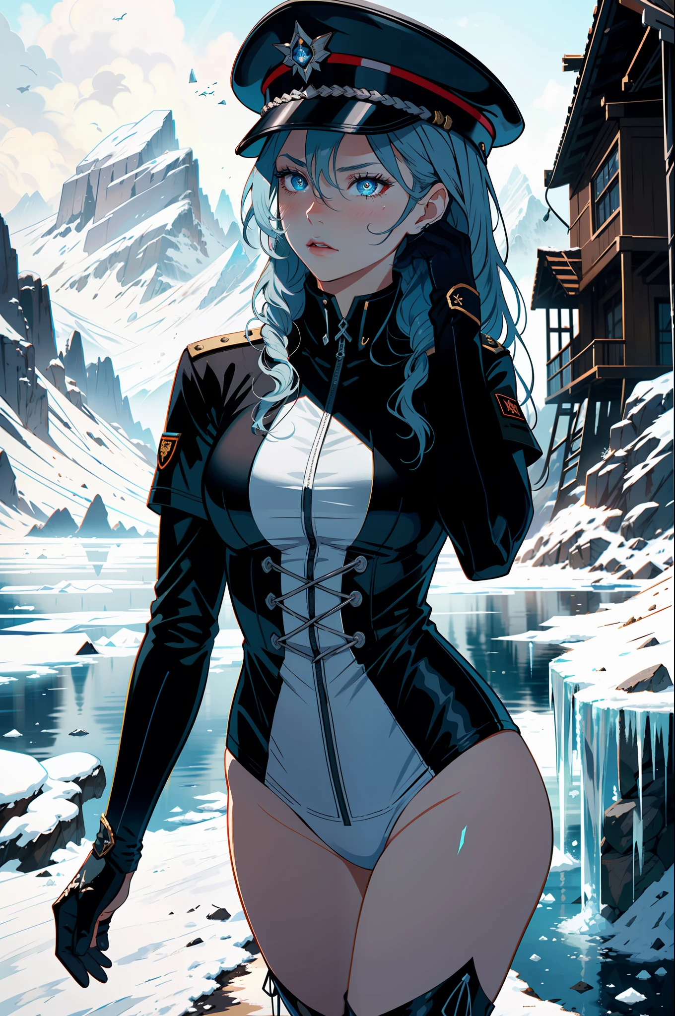 1girls, female mage, Use ice spells,Delicate and beautiful face, get blush, Blue pupil,blue hairs,long hair flowing,Angry, Parting lips, Busty chest,Convex buttocks,White military uniform, White military cap,White lace-up boots,perfectly proportioned, Detailed clothing details, icy mountains,Ice Lake,Cinematic lighting, filmgrain, Fujicolor, Contrast of light and shade, 8K, Masterpiece, Textured skin, Super detail, hight detail, High quality, high - resolution,