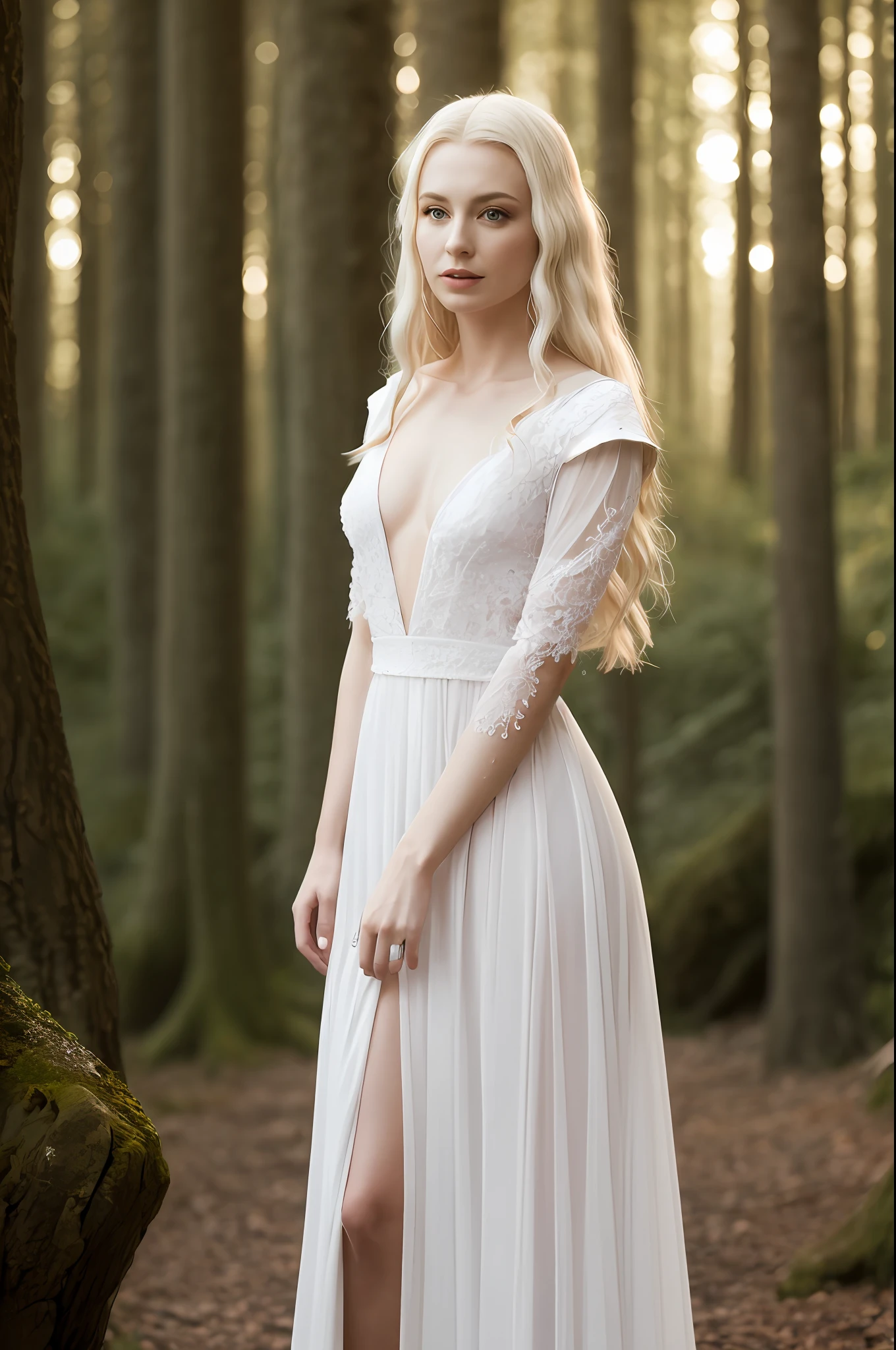 Galadriel from Lord of The Rings, white blonde hair, high detail transparent bodycon plunging white gown, ethereal, powerful, magical, 8k, (insanely detailed:1.5), full body photograph, 20 megapixel, canon eos r3, detailed skin, pale skin, Lothlorien background