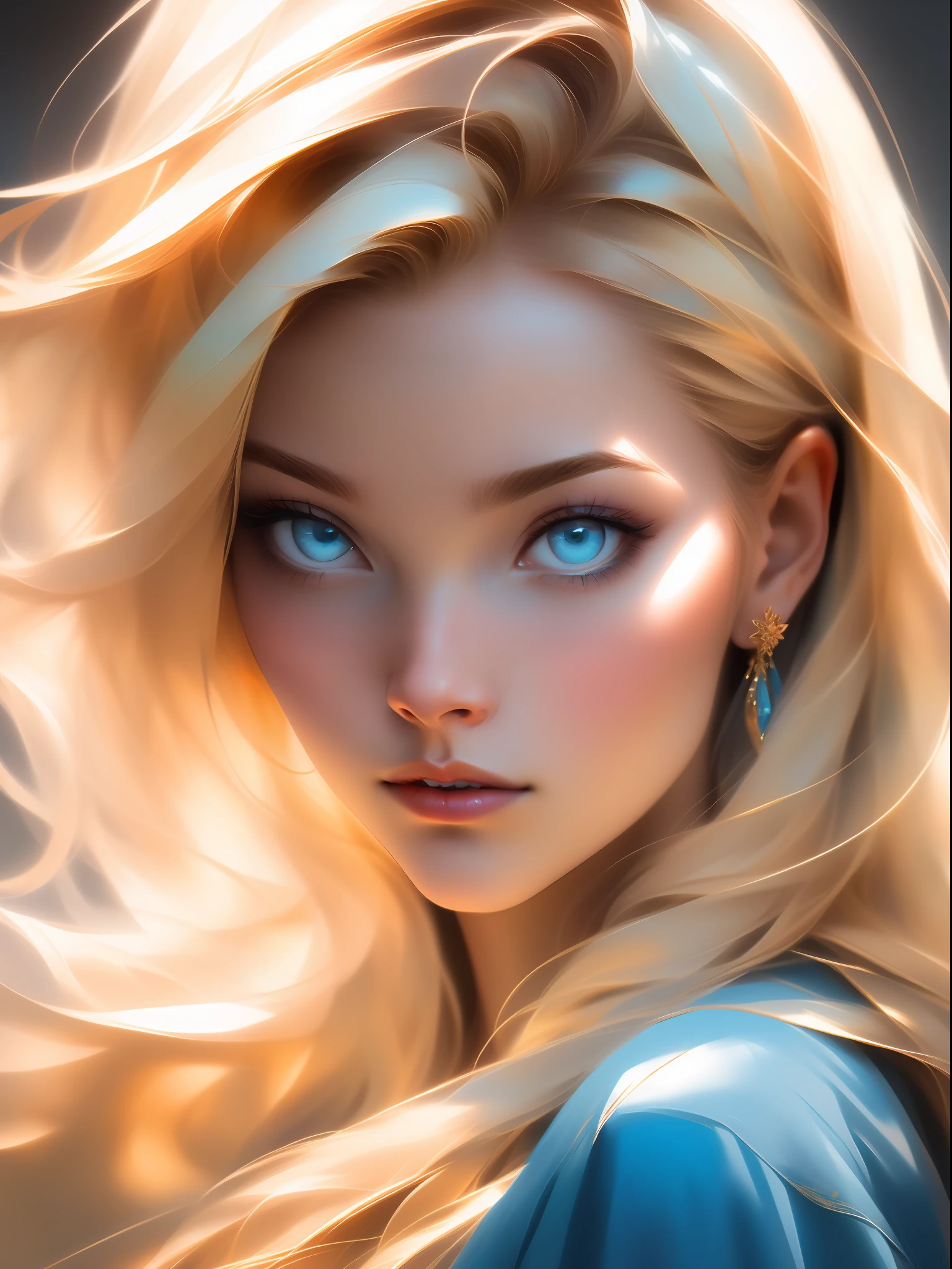 (extremely detailed portrait,masterpiece,perfect quality,ultra-realistic), piercing blue eyes, flowing golden hair, feminine mystique, elegant aura.