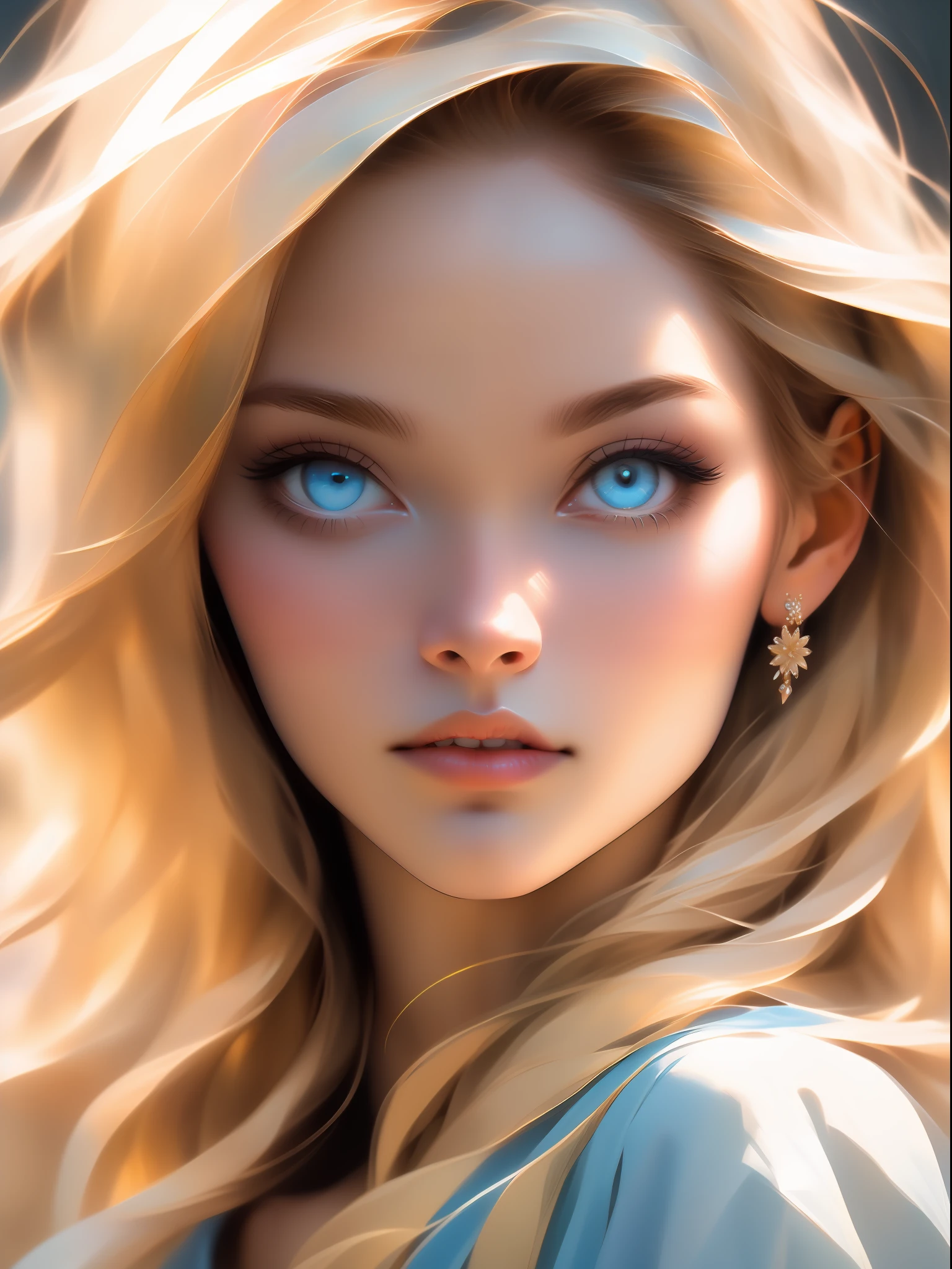 (extremely detailed portrait,masterpiece,perfect quality,ultra-realistic), piercing blue eyes, flowing golden hair, feminine mystique, elegant aura.