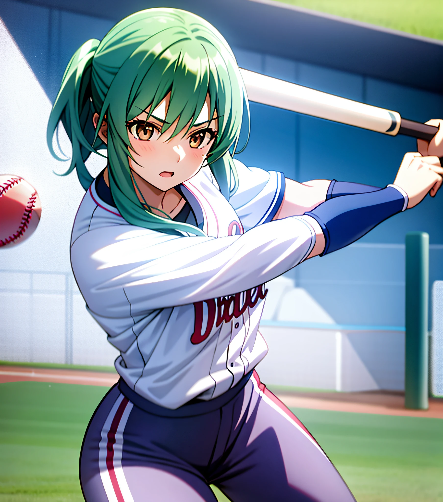 1girl, 2solo focus, Beautiful anime portrait of an athletic woman with long blue-green hair playing baseball, brown eyes, competitive, focused expression, baseball bat, baseball uniform, outside, baseball field, sunny, masterpiece, ultra detailed, official art, 8k, volumetric lighting