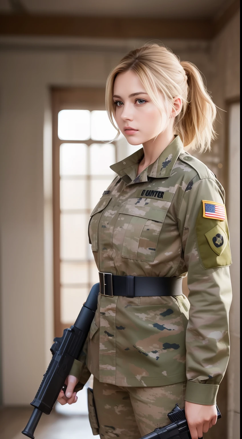 Ultra detail, High resolution, (Realistic, Realistic:1.4), 8K, (Best quality), physical based rendering, Realistic photos, Professional color grading, Top quality, female soldier, holding a gun, Slender body, military attire,  soldier, hair tying, military unit, panzer, Fighter, mortar, pretty body,  Blonde hair