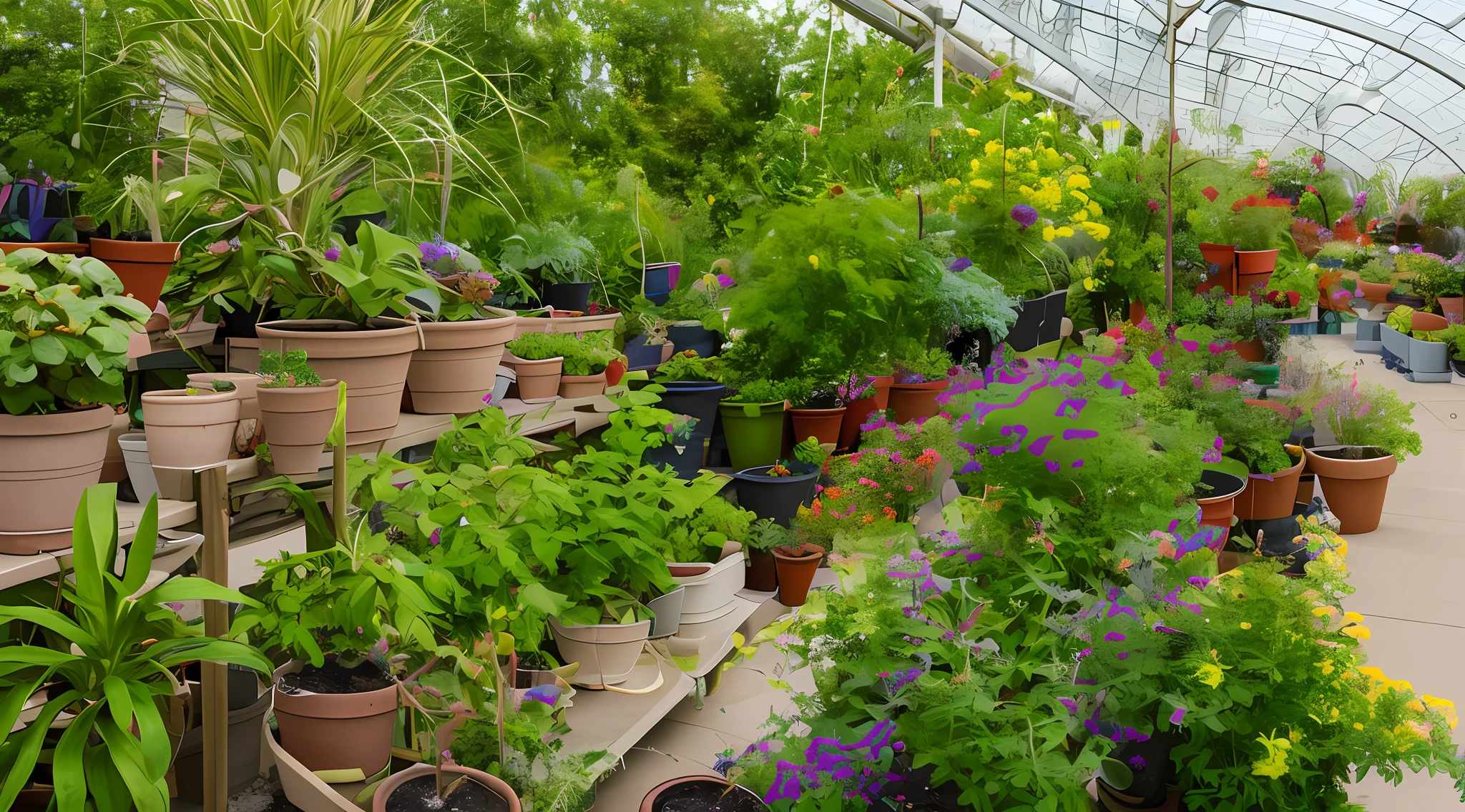 There are many potted plants on the wooden bench,Nature grows around the city,plants on balconies,the city is full of green plants,Lots of plants and flowers,pot plants,Plants are overgrown with plants,Plants on pots and walls,Overgrown with lush plants,Nature returns to the city,Plants and courtyards,Garden covered with canopy,Botanic Garden,Canopy,With membrane,Cover film,highest resolution,Highest image quality,3Drender,8K quality,Super clear,richness of detail,Strong authenticity,super-detail,Look down from above,on overlook,Surrounded by cities,Surrounded by two buildings,jiji,casa,sidewalk,potted,on overlook,Viewed from a very high vantage point,Cover this white canopy above the botanical garden,Canopy,Greenhouses,(((White greenhouse))),sprinkling,Sprinkle water droplets on the greenhouse,Spray water onto potted plants,(((watering))),(((Sprinkle water on the roof of the greenhouse)))