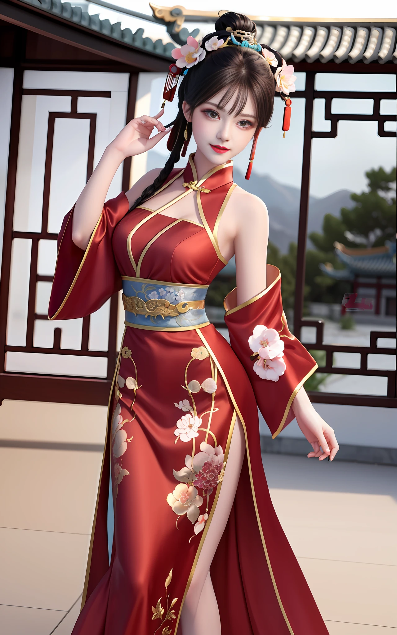 need,杰作,high - resolution,1girls,Blushlush,(Seductive smile:0.8),starpupil,Chinese shoulder suction red Hanfu,hair ornament,gargantilha,trinkets,pefect face,On_Body,Tindal effect,Lifelike,Shadow room,Light edges,Two-tone lighting,(High Detail Skins:1.2),8K UHD,Slr,softlighting,high - quality,Volumetriclighting,Candid camera,photographs,high - resolution,4K,8K,Antique bust photo in the background: A girl about 22 years old,Perfect composition,Precise and perfect human anatomy,Golden ratio creation,Surreal and realistic。Detailed skin details,fair white skin,with shiny skin,Creamy glowing skin,Skin that is white and red。Exquisite depiction of facial features,Perfect makeup,Detailed depiction of the face,Clean and flawless face。A sweet smile,Smile without showing your teeth。Extremely detailed depiction of hair,Long black hair,Hair coiled,Tying Up Hair,High bun,The wind blew away the hair。Eyebrows upturned,long eyelash,Double eyelid。Affectionate eyes,big bright eyes,Sweet with lying silkworms。High nose bridge。Thin lips,Pink lip gloss,Straight teeth。Exquisite clavicle。Delicate pendant,ear ring。Perfect tall figure,Get it all together,Long legs and thin waist,Skinny beauty,Can't be too thin。Straight chest,medium boobs。Keep your head up and your chest up,Look ahead,Face the lens,Stand。Ancient architectural background(((Chinese style new Chinese ink floral red dress))),Bust photo of a delicate and beautiful maidena,disheveled hair,Xianxia,Danfeng Eyes,red-lips,black color hair,Separate bangs,Hairpin headdress,Costumes with gorgeous design,Beautiful,Close up of a,Authentic texture,Petals flying