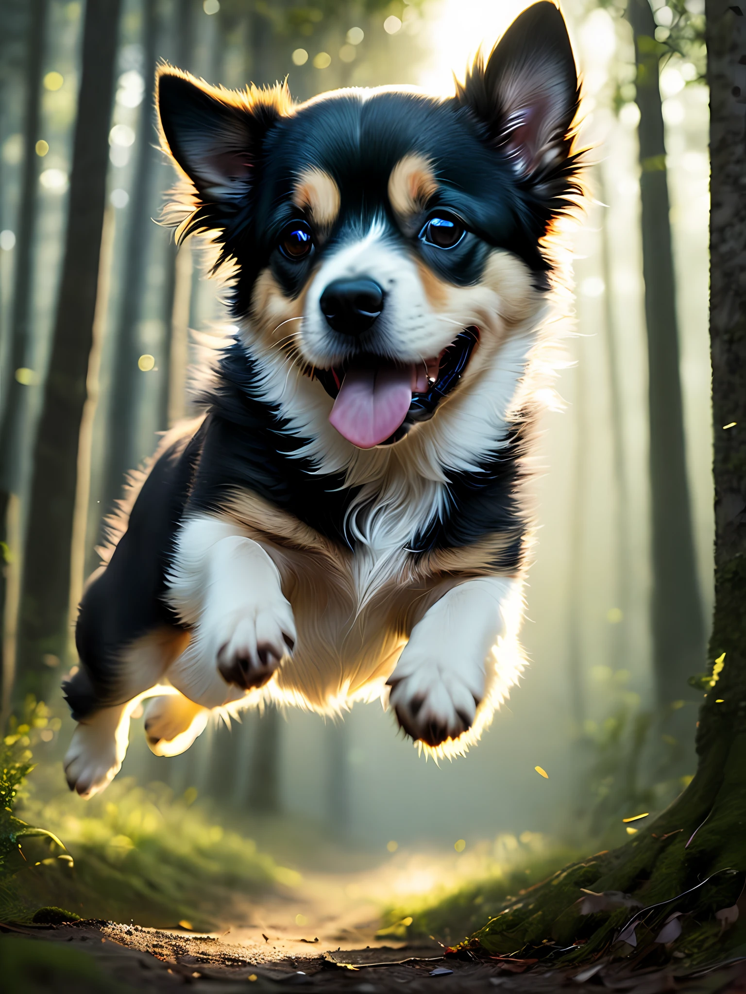 close up photo of a very cute jumping puppy in the forest, soft volumetric lights, (backlit:1.3), (cinematic:1.2), intricate details, (ArtStation:1.3), Rutkowski