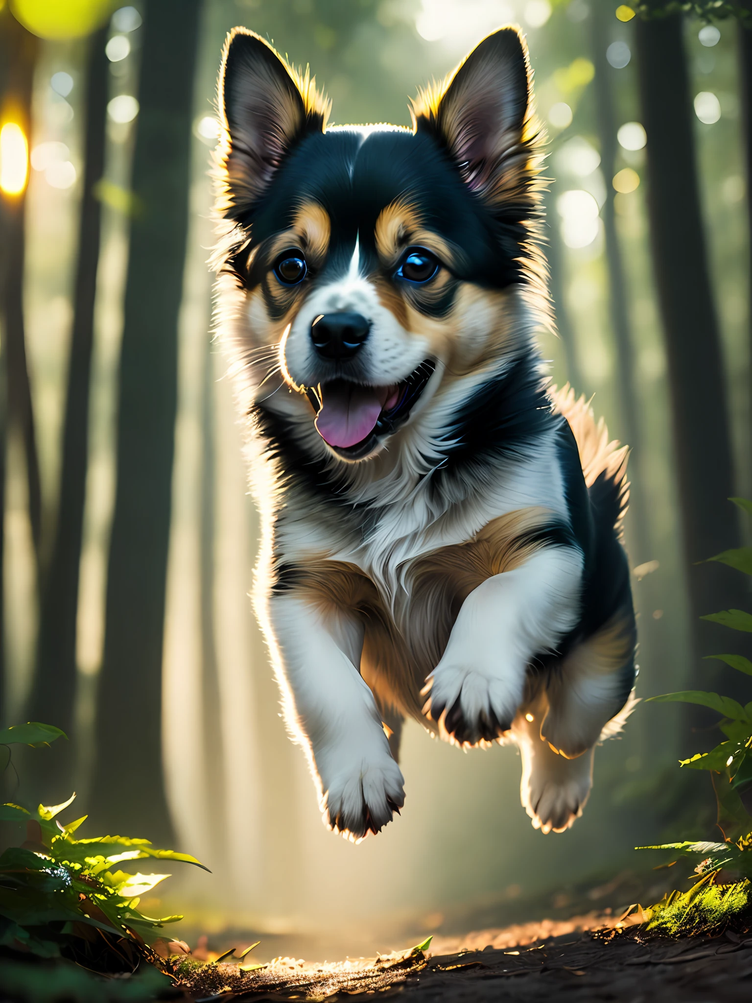 close up photo of a very cute jumping puppy in the forest, soft volumetric lights, (backlit:1.3), (cinematic:1.2), intricate details, (ArtStation:1.3), Rutkowski