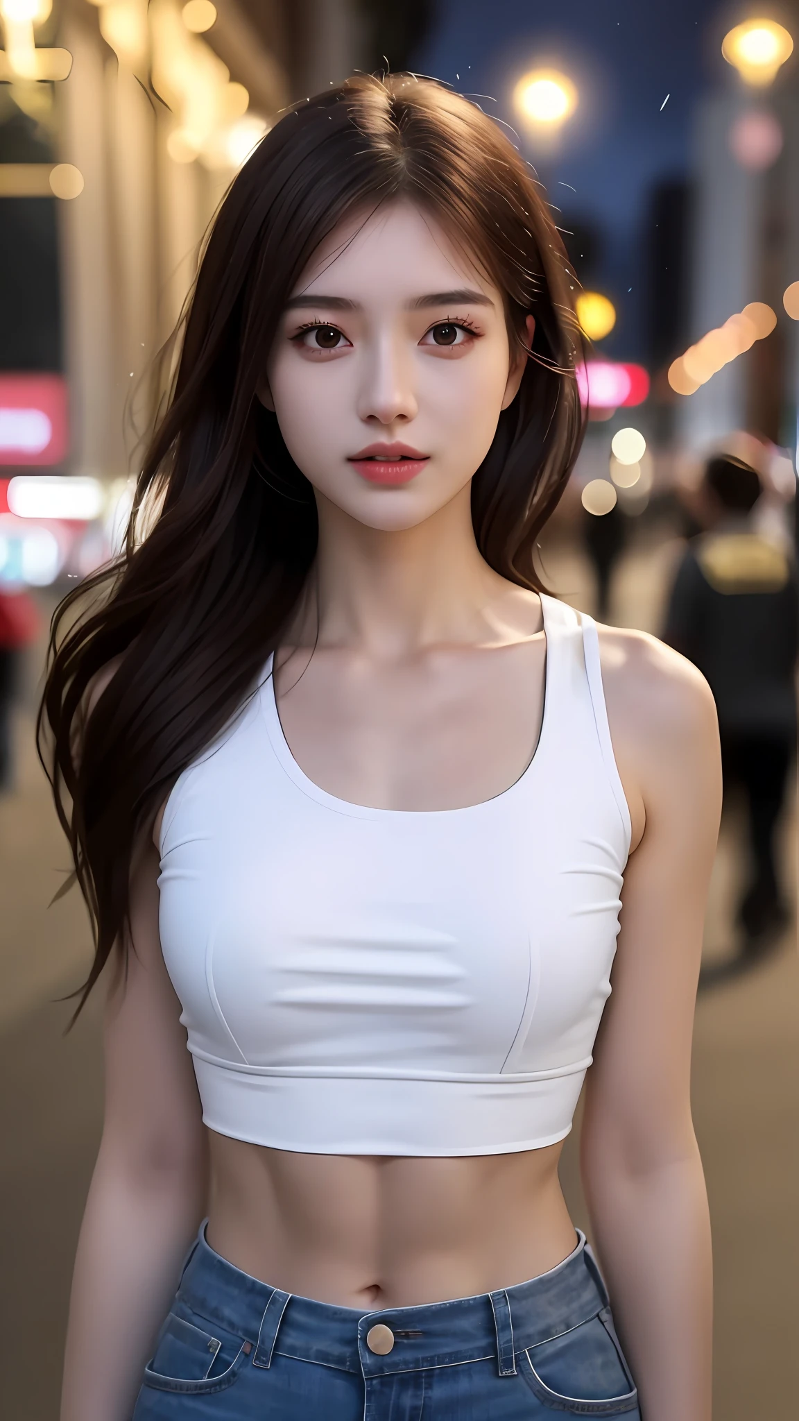 ((Realistic lighting, Best quality, 8K, Masterpiece: 1.3)), Clear focus: 1.2, 1girl, Perfect Figure: 1.4, Slim Abs: 1.1, ((Dark brown hair)), (White crop top: 1.4), (Outdoor, Night: 1.1), City streets, Super fine face, Fine eyes, Double eyelids,