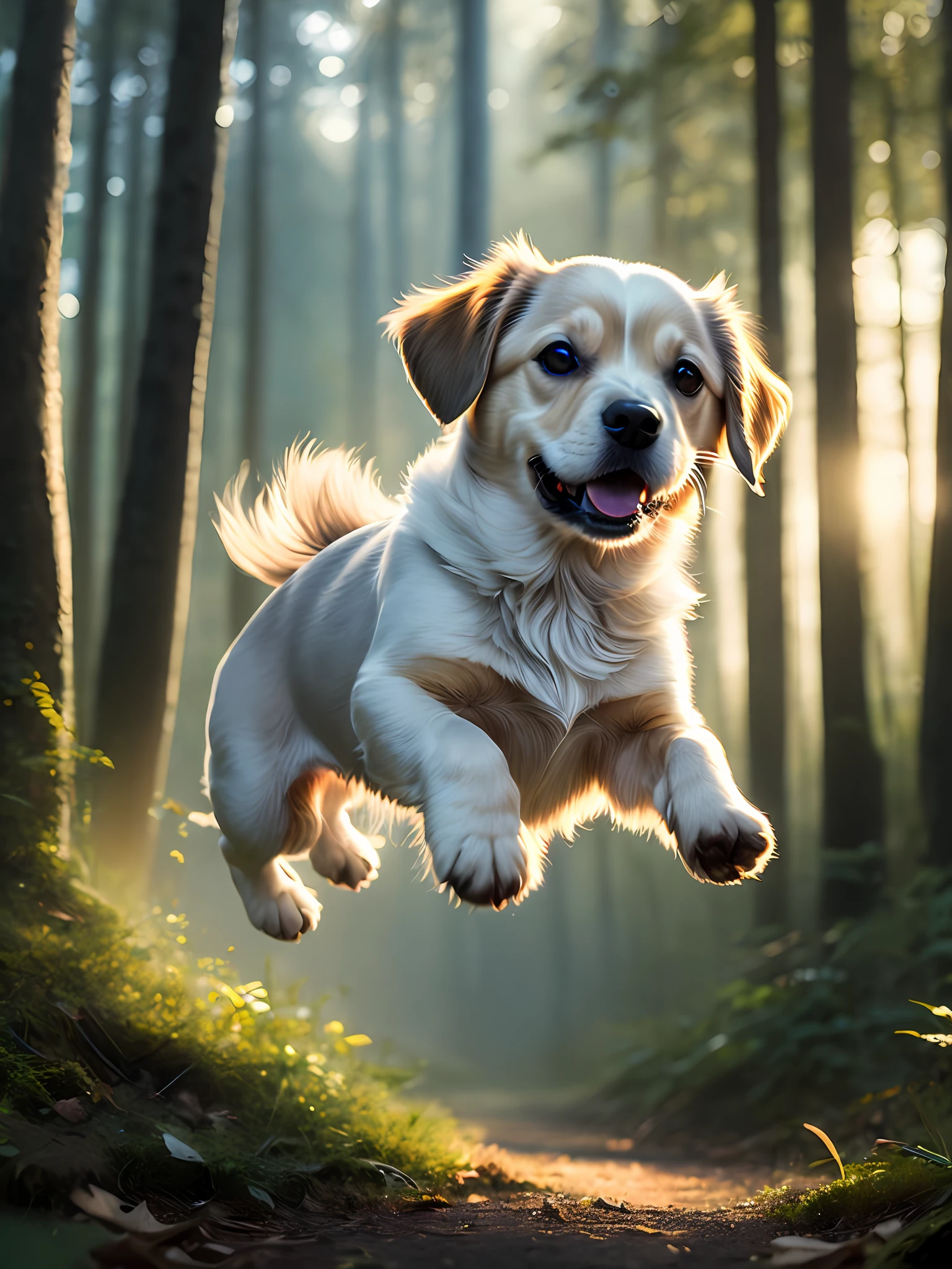 close up photo of a very cute jumping puppy in the forest, soft volumetric lights, (backlit:1.3), (cinematic:1.2), intricate details, (ArtStation:1.3), Rutkowski