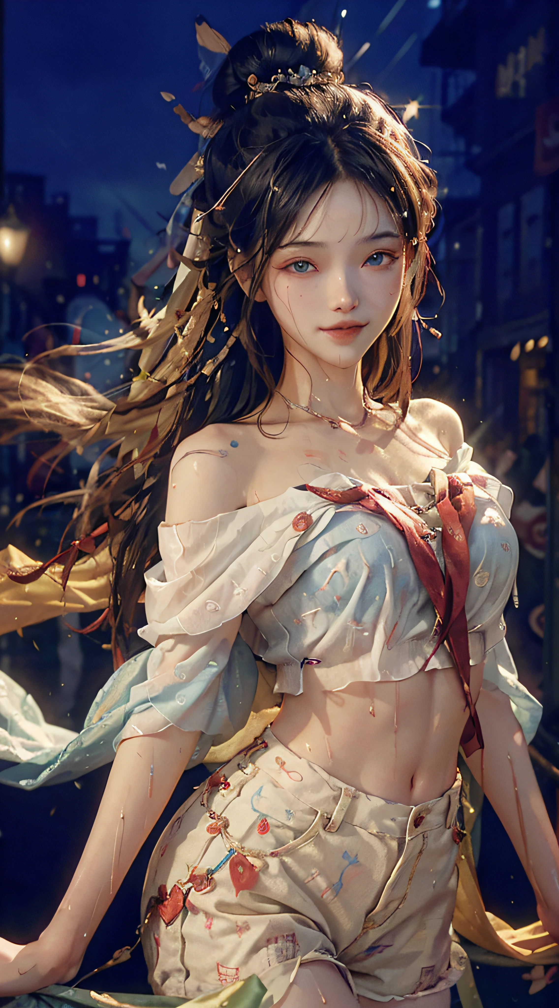 (RAW Photo, Best Quality), (Realistic, Photo Realistic: 1.3), Best Quality, Highly Detailed, Masterpiece, Ultra Detailed, Illustration, 1 Girl, upper_body, Dynamic Angle, World Masterpiece Theater, messy_long_hair, Best Quality, Extremely Detailed CG Unity 8k Wallpaper, Ink, Amazing, Flying Sky, Cinematic Lighting, ((Bust)), (2 Arms)), ((2 Legs)), ((Off-the-Shoulder)), ((Seductive)), ( (charming)), ((beautiful detailed face))), ((messy hair)), ((smile)), ((gradient eyes)), ((white cloud background)), ((chest reduction)), ((shorts)), ((high saturation)), (balloons)), ((dynamic angle)), ((city)), ((night)), ((outdoors)), (highly detailed face and skin texture)), ((double eyelids)), ((whitening skin)), ((magazine cover)), (glowing weapons)), ((multi-weapon)),((10,000 swords)),((dynamic angle)),((ecstasy)),, (shorts: 1.1)),((street: 1.3)),((wet clothes: 1.1)),((wet: 1.5)),((rain, street:1.2)),((wet white button shirt: 1.1)),((layered hairstyle, big breasts: 1.2)), ((slender abs: 1.2)), ((perfect body beauty: 1.4)),