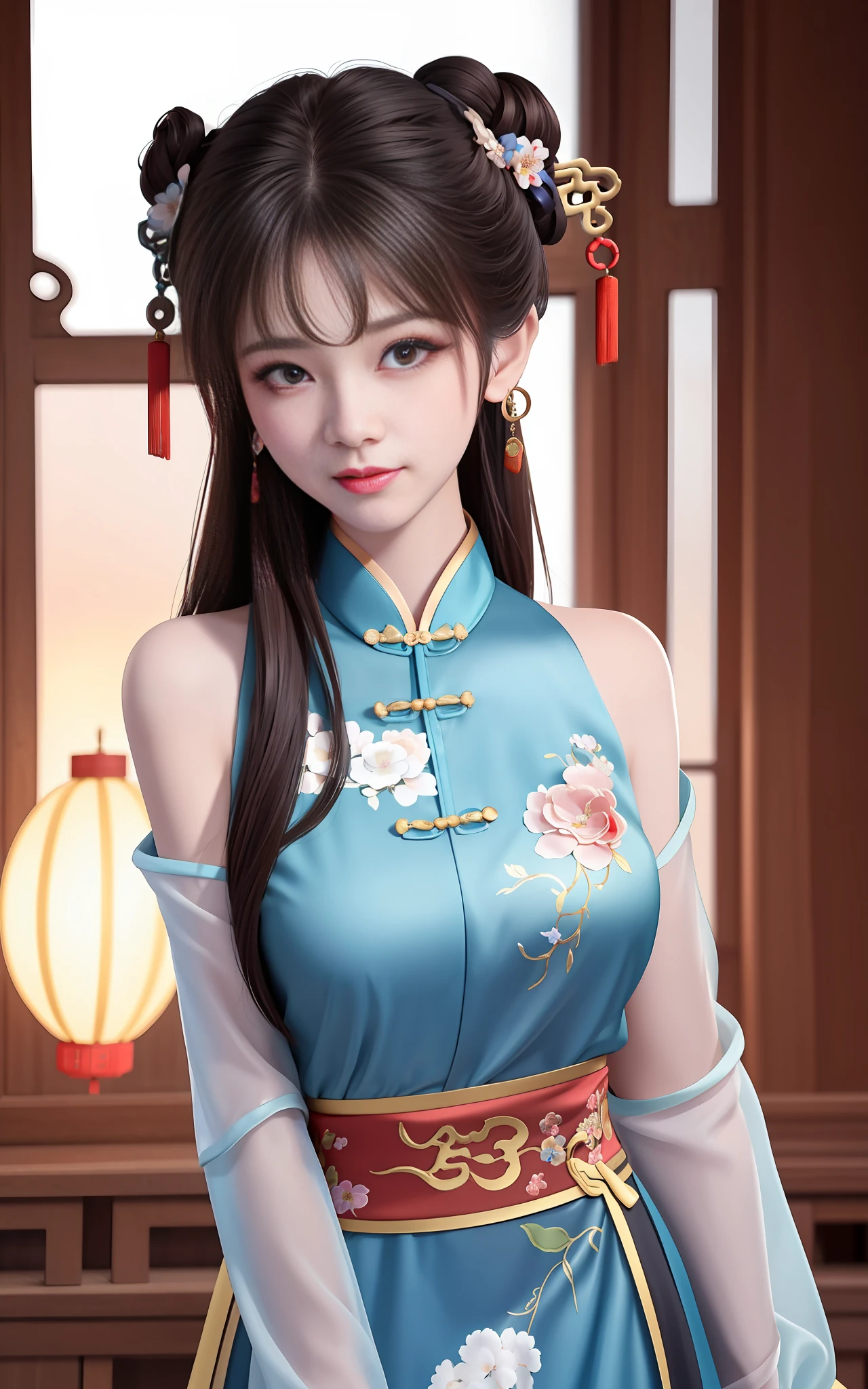 need,杰作,high - resolution,1girls,Blushlush,(Seductive smile:0.8),starpupil,Chinese shoulder suction red Hanfu,hair ornament,gargantilha,trinkets,pefect face,On_Body,Tindal effect,Lifelike,Shadow room,Light edges,Two-tone lighting，（High Detail Skins：1.2），8K  UHD，Slr，softlighting，high - quality，Volumetriclighting，Candid camera，photographs，high - resolution，4K，8K，Antique bust photo in the background: A girl about 22 years old，Perfect composition，Precise and perfect human anatomy，Golden ratio creation，Surreal and realistic。Detailed skin details，fair white skin，with shiny skin，Creamy glowing skin，Skin that is white and red。Exquisite depiction of facial features，Perfect makeup，Detailed depiction of the face，Clean and flawless face。A sweet smile，Smile without showing your teeth。Extremely detailed depiction of hair，Long black hair，Hair coiled，Tying Up Hair，High bun，The wind blew away the hair。Eyebrows upturned，long eyelash，Double eyelid。Affectionate eyes，big bright eyes，Sweet with lying silkworms。High nose bridge。Thin lips，Pink lip gloss，Straight teeth。Exquisite clavicle。Delicate pendant，ear ring。Perfect tall figure，Get it all together，Long legs and thin waist，Skinny beauty，Can't be too thin。Straight chest，medium boobs。Keep your head up and your chest up，Look ahead，Face the lens，Stand。Ancient architectural background(((Chinese style new Chinese ink floral dress)))，half body photo，gal girl，mid hair，Hair over the shoulder，Clear eyes，Smooth hair，Delicate and perfect facial features，the most beautiful big eyes，Long eyelashes，The eyes are sweet and there are lying silkworms，dynamic angle，Extreme image quality，Highest accuracy，Precise and perfect human body，masterece-piece，highest quallity，mid hair，Hair over the shoulder，tattooed，Brunette Big breasts，Double bun，puled up dress，ear ring，hair ornament，jewelries，Korean clothing，Wearing makeup，photographs（Curly），to stand，Oppe，Facing the viewer，The ultra-Resolution，Ultra HDR，best qulaity，Bend long eyelashes，Shiny lips，bust，Close up of