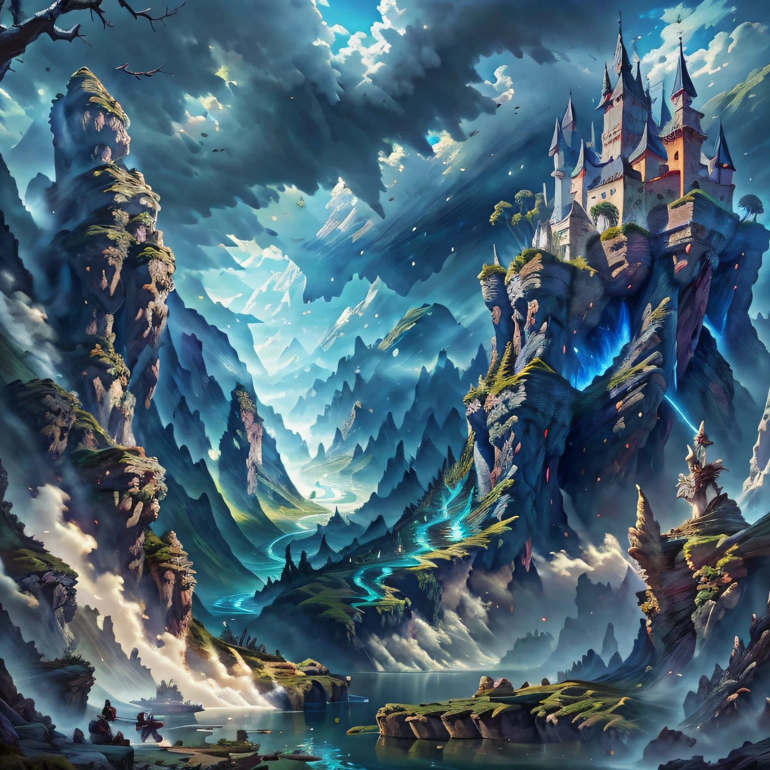 High resolution, super detailed, official art, unified 8k wallpaper, super detailed, beautiful and aesthetic, elven kingdom, castle built on a cliff, world tree, vines, thorns, dark, forest, lake, sky, clouds, magic, fantasy incredible, supersaturated, surreal, high resolution, artgerm, masterpiece, super detailed, epic composition, high quality, highest quality, 16k