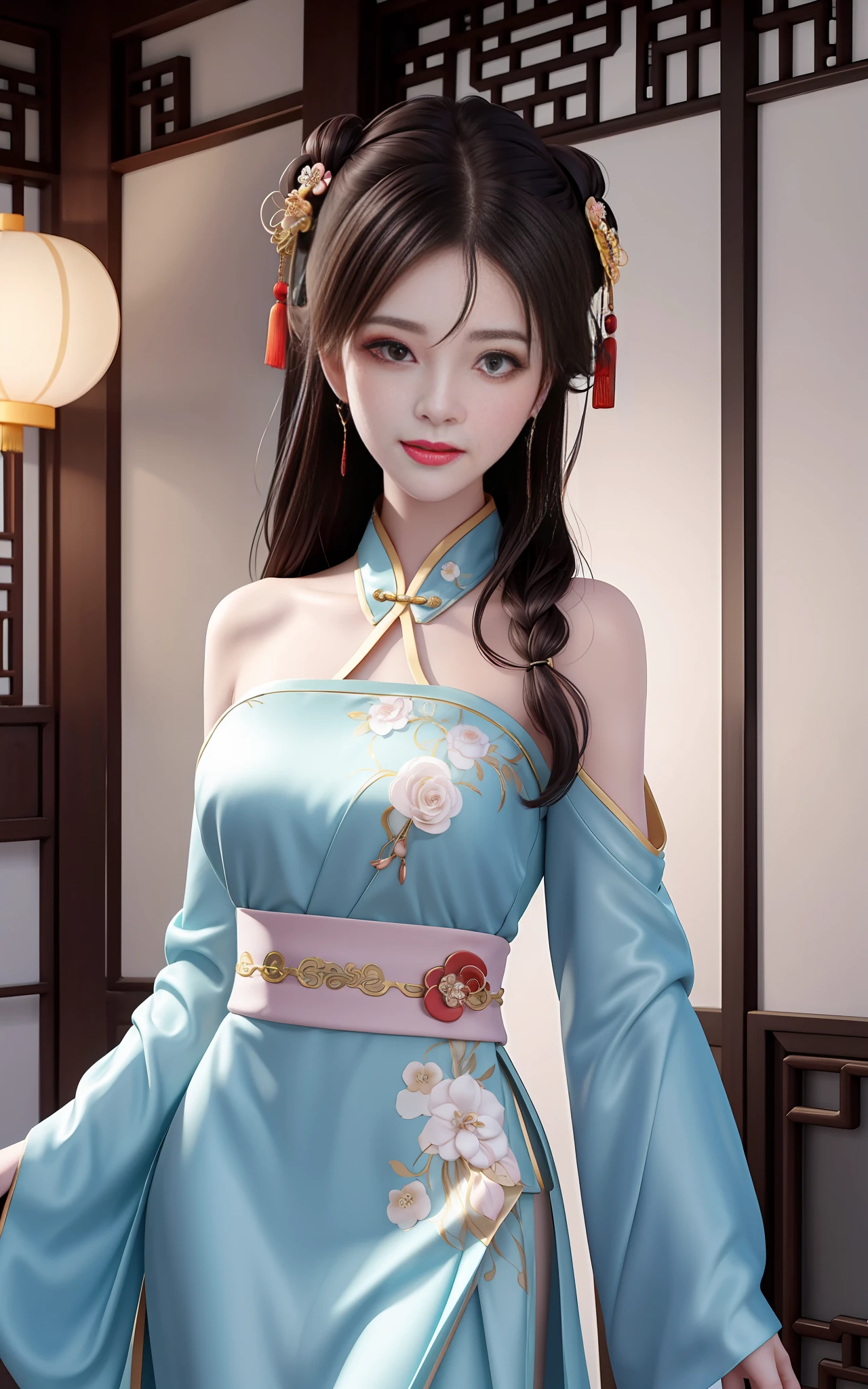 need,杰作,high - resolution,1girls,Blushlush,(Seductive smile:0.8),starpupil,Chinese shoulder suction red Hanfu,hair ornament,gargantilha,trinkets,pefect face,On_Body,Tindal effect,Lifelike,Shadow room,Light edges,Two-tone lighting,(High Detail Skins:1.2),8K UHD,Slr,softlighting,high - quality,Volumetriclighting,Candid camera,photographs,high - resolution,4K,8K,Antique bust photo in the background: A girl about 22 years old,Perfect composition,Precise and perfect human anatomy,Golden ratio creation,Surreal and realistic。Detailed skin details,fair white skin,with shiny skin,Creamy glowing skin,Skin that is white and red。Exquisite depiction of facial features,Perfect makeup,Detailed depiction of the face,Clean and flawless face。A sweet smile,Smile without showing your teeth。Extremely detailed depiction of hair,Long black hair,Hair coiled,Tying Up Hair,High bun,The wind blew away the hair。Eyebrows upturned,long eyelash,Double eyelid。Affectionate eyes,big bright eyes,Sweet with lying silkworms。High nose bridge。Thin lips,Pink lip gloss,Straight teeth。Exquisite clavicle。Delicate pendant,ear ring。Perfect tall figure,Get it all together,Long legs and thin waist,Skinny beauty,Can't be too thin。Straight chest,medium boobs。Keep your head up and your chest up,Look ahead,Face the lens,Stand。Ancient architectural background(((Chinese style new Chinese ink floral dress))),half body photo,gal girl,mid hair,Hair over the shoulder,Clear eyes,Smooth hair,Delicate and perfect facial features,the most beautiful big eyes,Long eyelashes,The eyes are sweet and there are lying silkworms,dynamic angle,Extreme image quality,Highest accuracy,Precise and perfect human body,masterece-piece,highest quallity,mid hair,Hair over the shoulder,tattooed,Brunette Big breasts,Double bun,puled up dress,ear ring,hair ornament,jewelries,Korean clothing,Wearing makeup,photographs(Curly),to stand,Oppe,Facing the viewer,The ultra-Resolution,Ultra HDR,best qulaity,Bend long eyelashes,Shiny lips,bust,Close up of