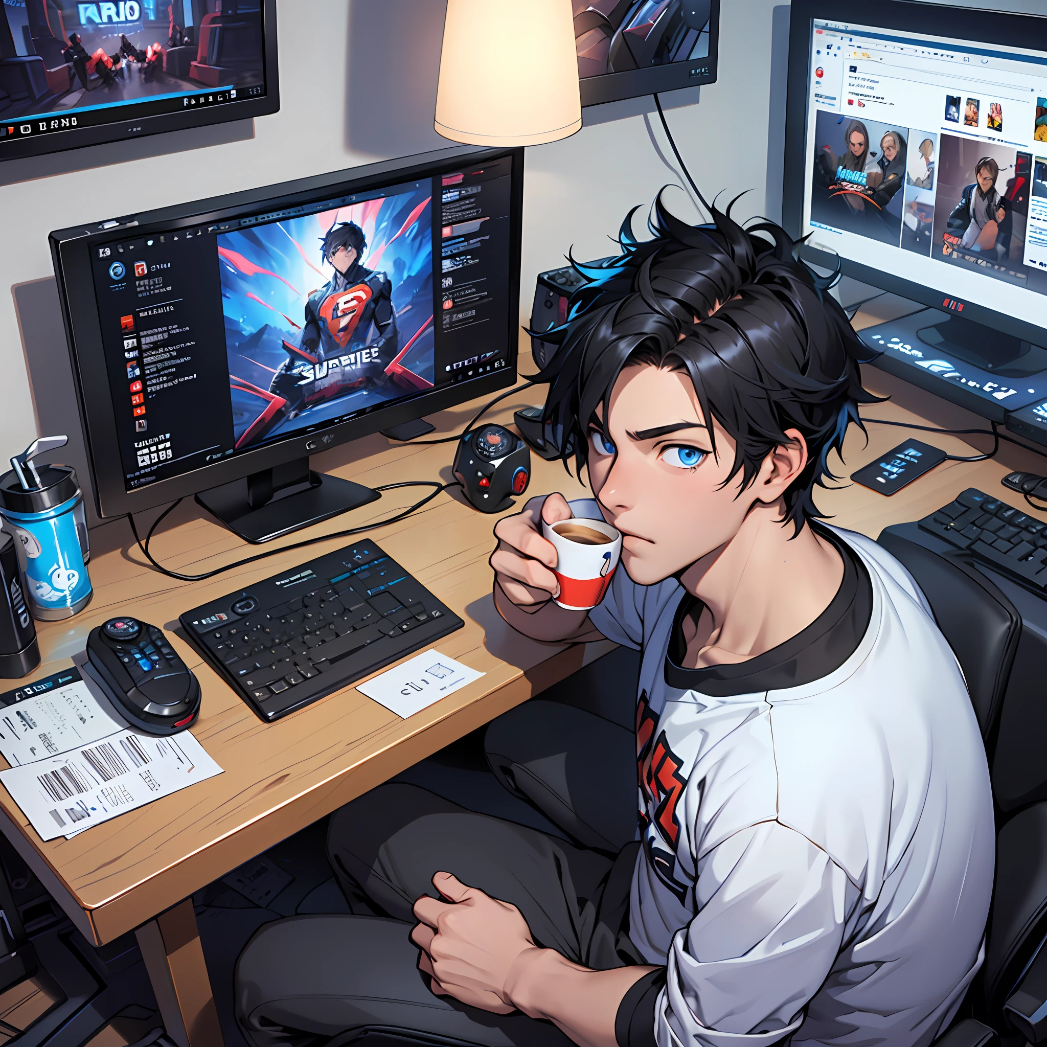 Best quality: 1.0), (Super High Resolution: 1.0), Anime boy, short black hair, blue eyes, sitting in front of computer playing games, background in esports room, sipping coffee.