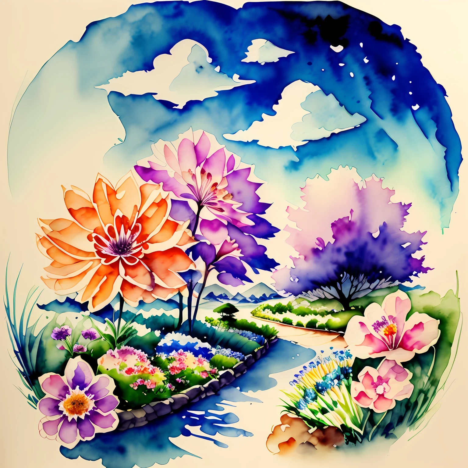 watercolor painting, kimono, flowers, sky --auto