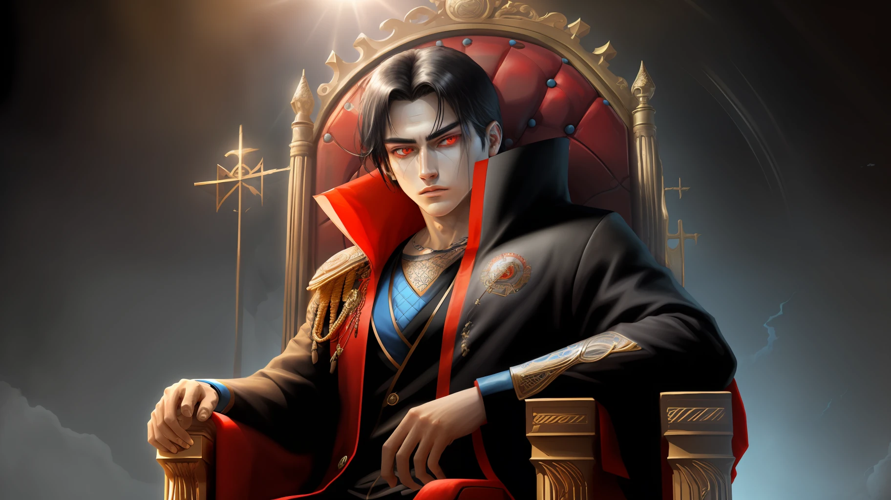 King sits on the throne, red eyes, handsomeface high quality, black hair