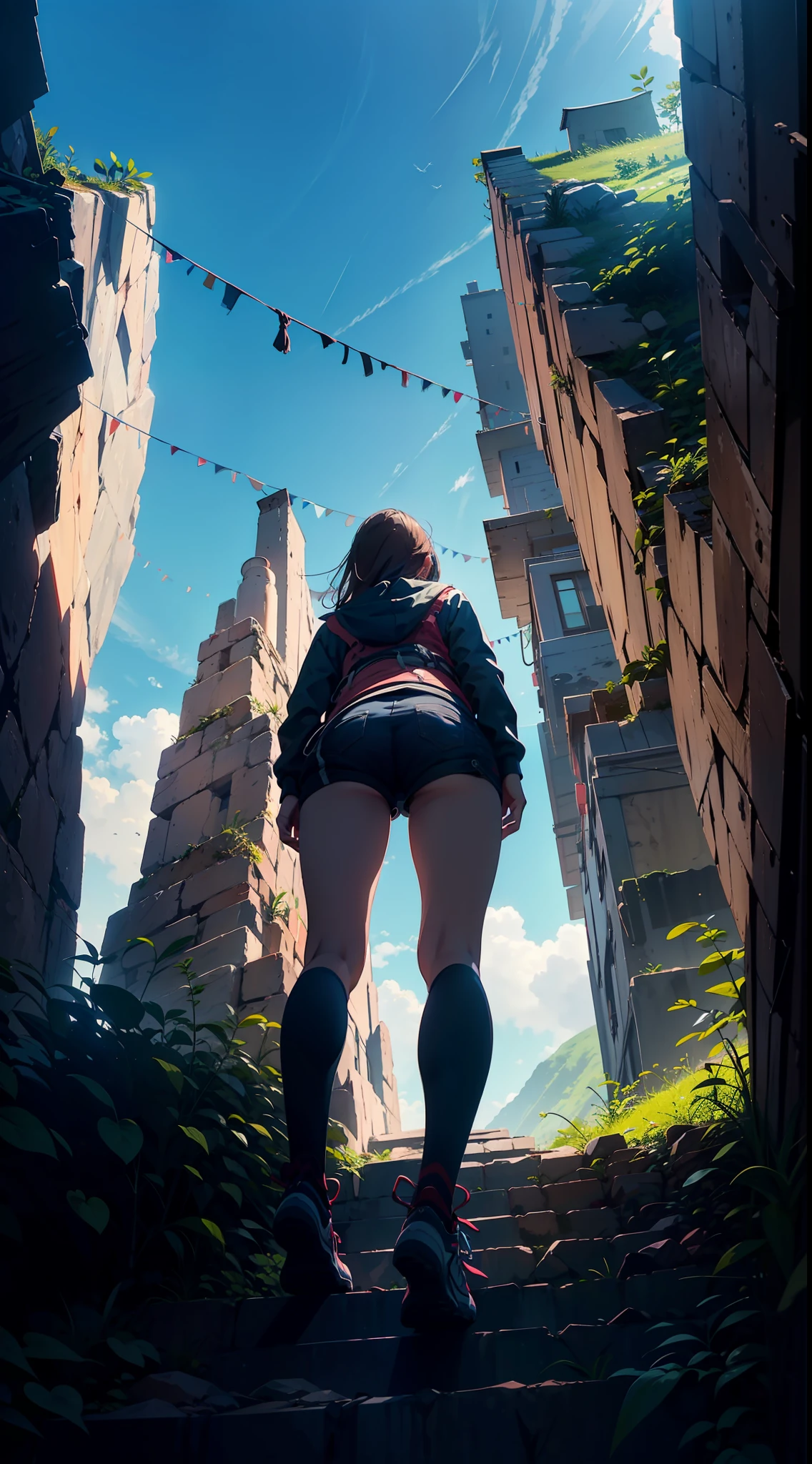 A woman in short shorts and boots walking down a set of stairs - SeaArt AI