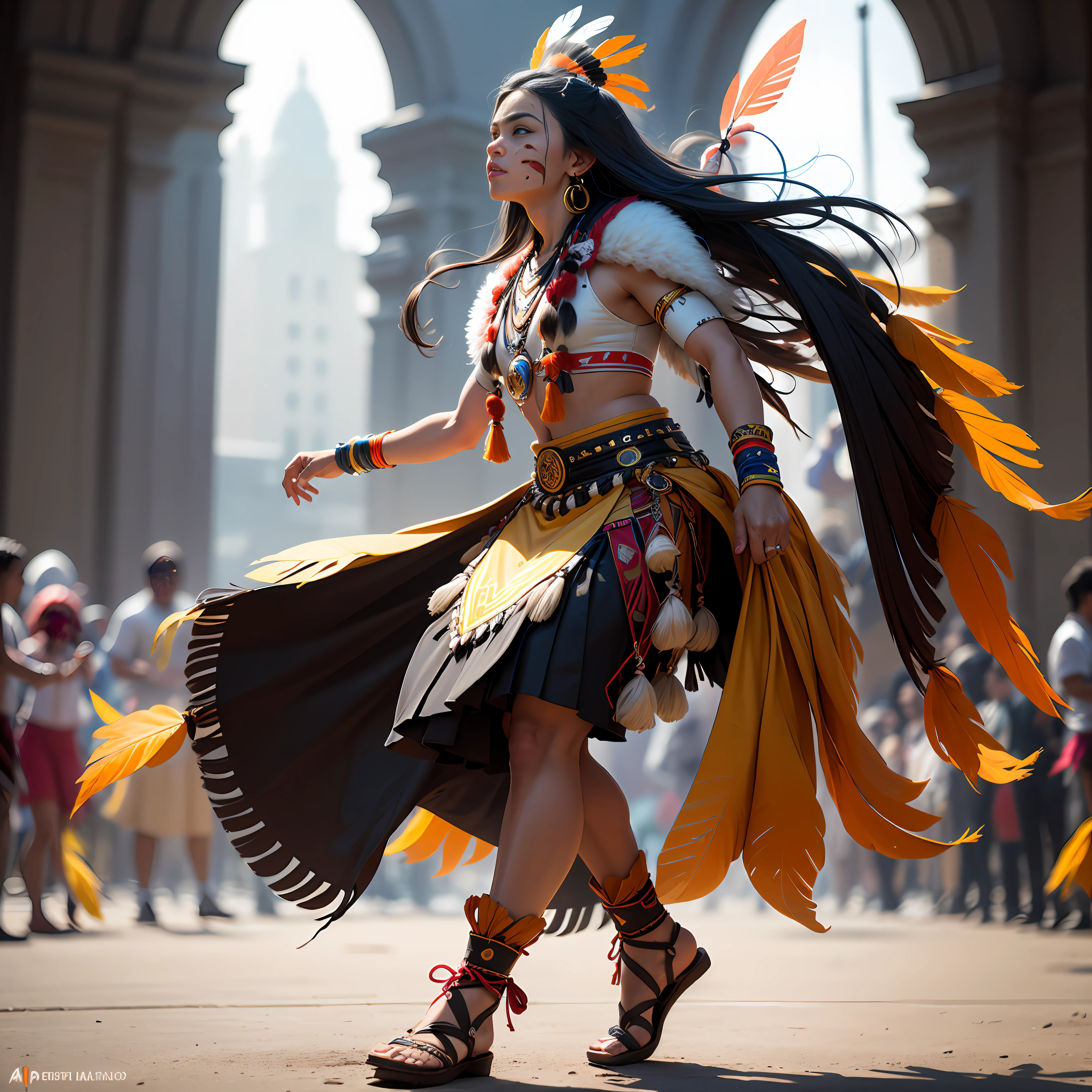 Realistic motion effect photograph of a young Native American man, Tachini Drums, in vibrant traditional regalia dancing energetically at a pow wow gathering. The regalia incorporates feathers, beads, and ribbons in eye-catching black, white, red, neon yellow, and orange. Tachini's face is painted with black battle paint to symbolize victory and the spirit of death. The photo is taken from a dynamic lower angle to capture the full body movements of the dance, including the intricate footwork, and showcase the details of the regalia. To capture the motion effect, use a shutter speed of 1/15 to 1/30 seconds. Set the aperture to f/5.6 to f/8 to achieve a shallow depth of field, and adjust the ISO between 200 and 400 to suit the lighting conditions.