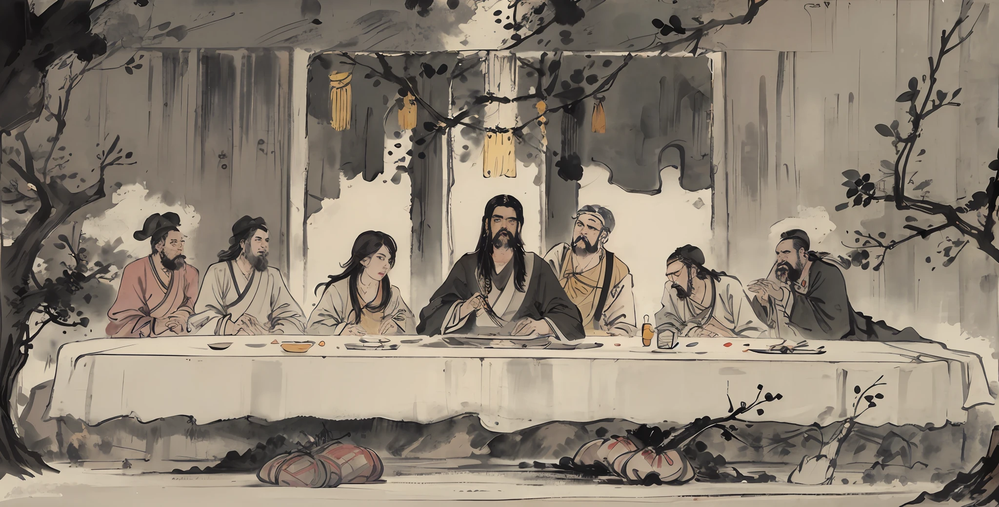 (masterspiece，best qulaity：1.2），chinese traditional ink painting，A large waterfall between high mountains，choppy，Yellow River，a painting of the last supper of jesus, the last supper painting, !!posando_As_last_supper, last supper composition, Chinese Confucius and students in the last supper, Shang Dynasty，antiquity，restored painting, last supper, last supper, last supper, zhangdaqian  painting, China ink painting, Watercolor drawing, author：Wu Guanzhong、Qi Baishi