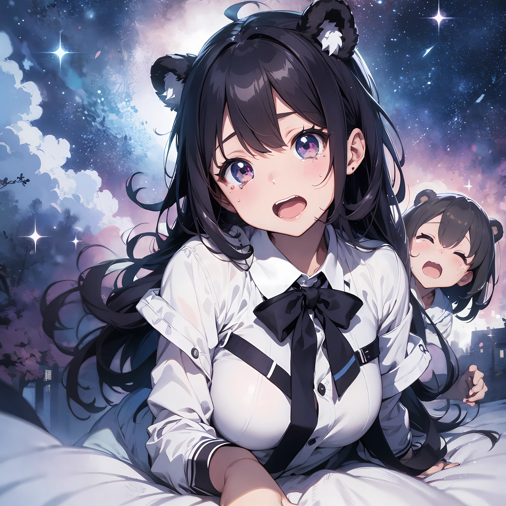 Sleep on your back、rampage、screeming、a school uniform、Abundant tears、drooling、thick eyebrows、（darkskin:1.3)、Movie lighting、small 、Bear ears、(masterece-piece)、((beste Quality))、(Ultra detailded)、shinny skin、Full Body Anime Girl、detailed anime face、Five fingers、textile shading、The perfect human structure、flawless anatomy、